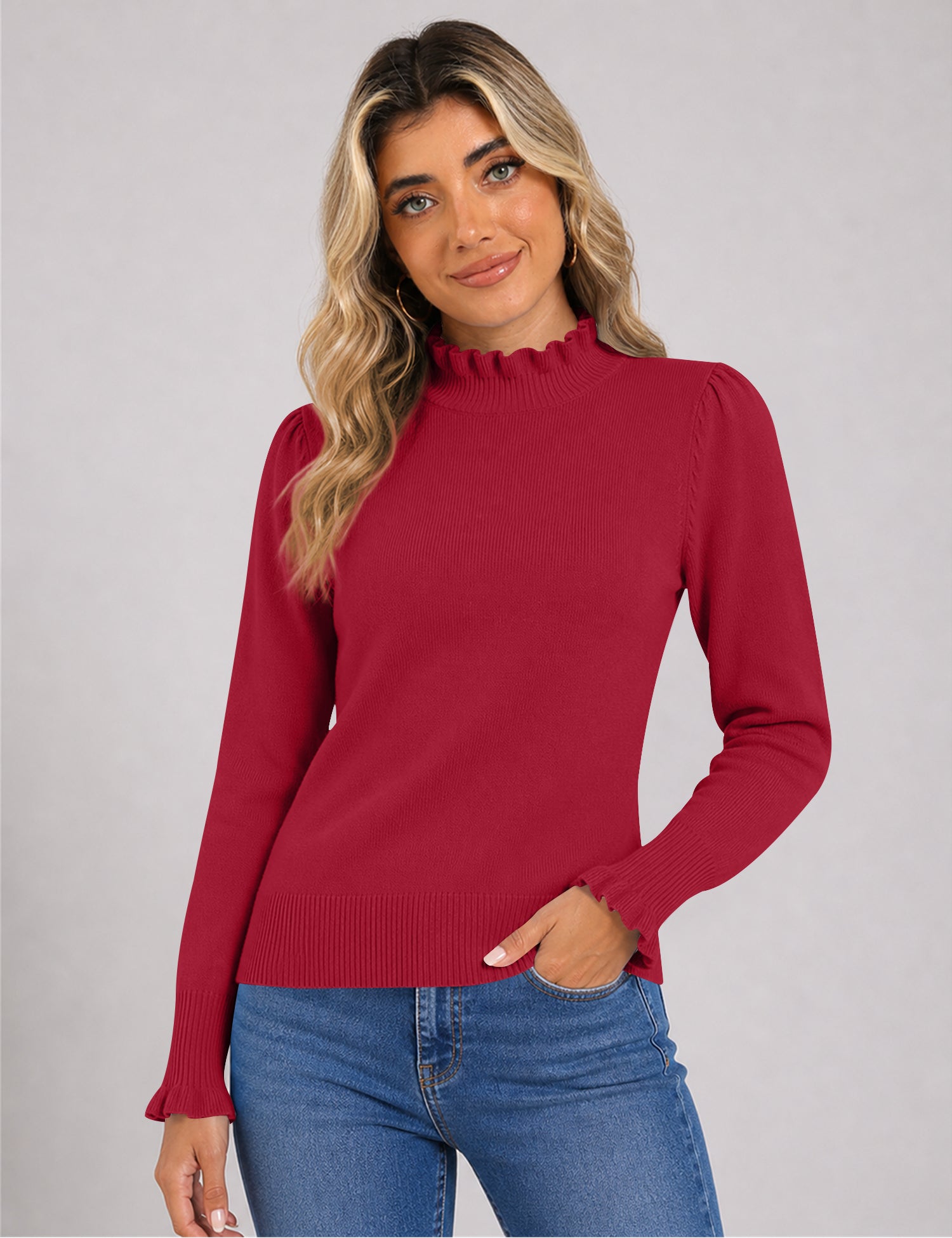 Rapbin Fall Sweaters for Women Ruffle Mock Neck Puff Sleeve Pullover Tops
