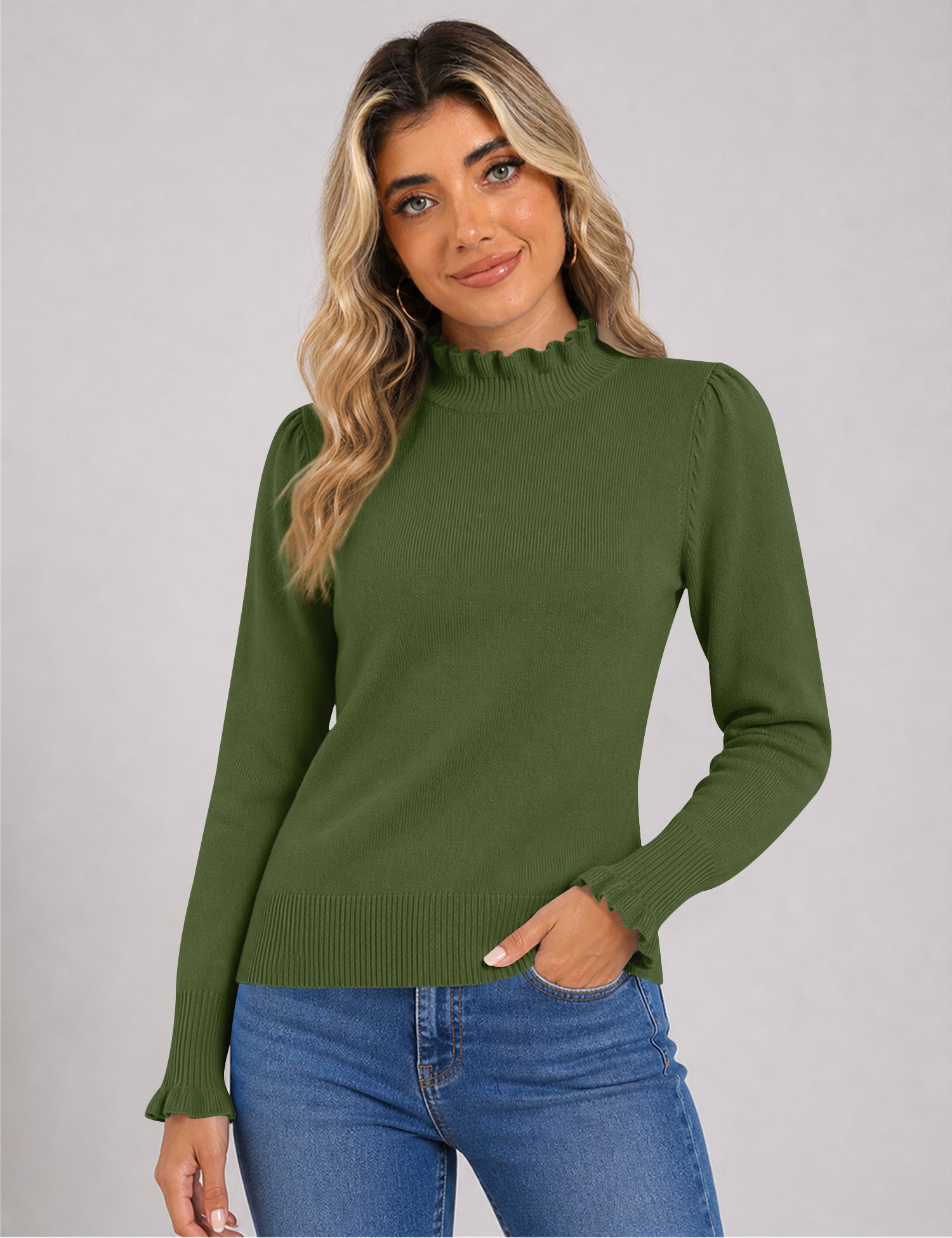 Rapbin Fall Sweaters for Women Ruffle Mock Neck Puff Sleeve Pullover Tops