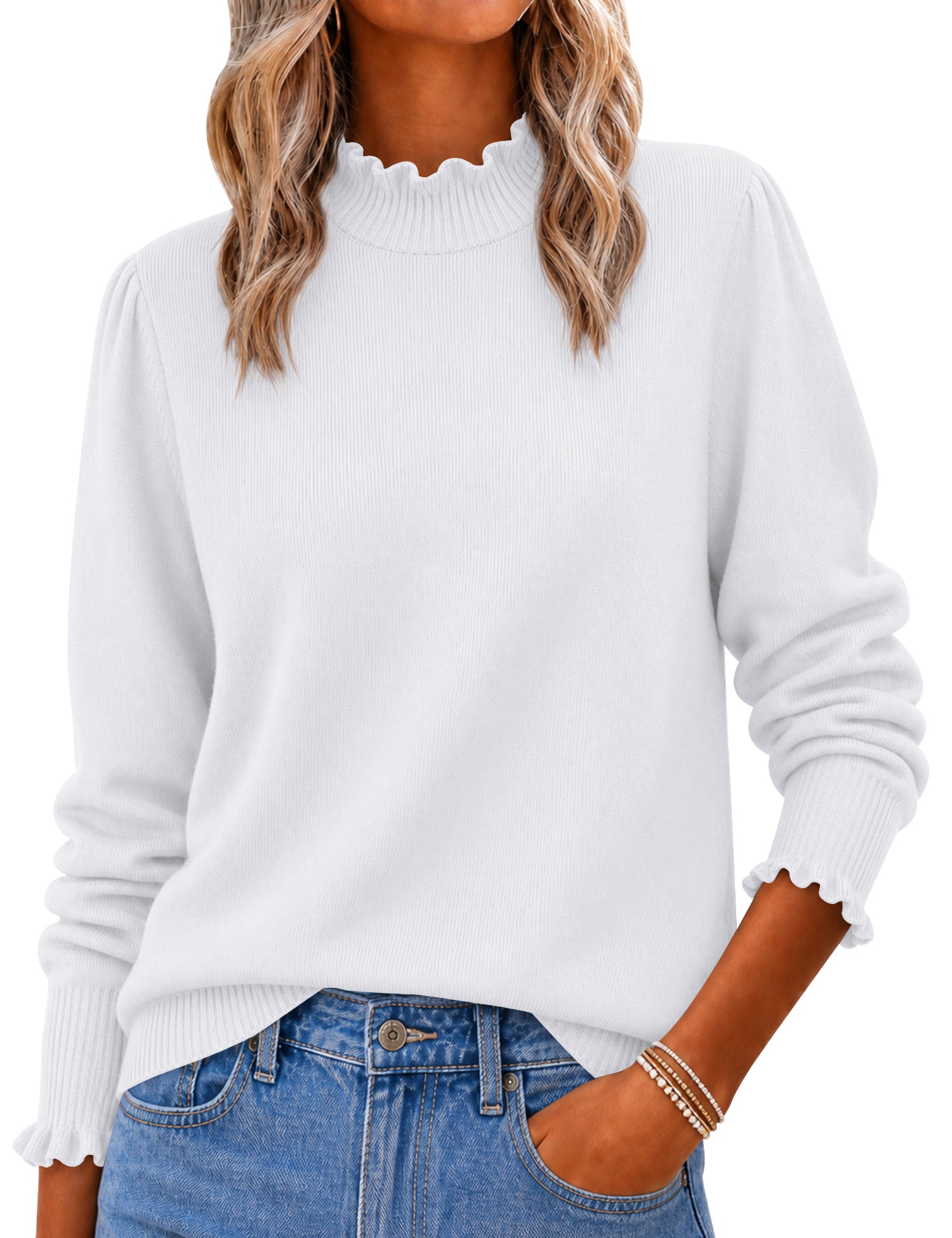 Rapbin Fall Sweaters for Women Ruffle Mock Neck Puff Sleeve Pullover Tops