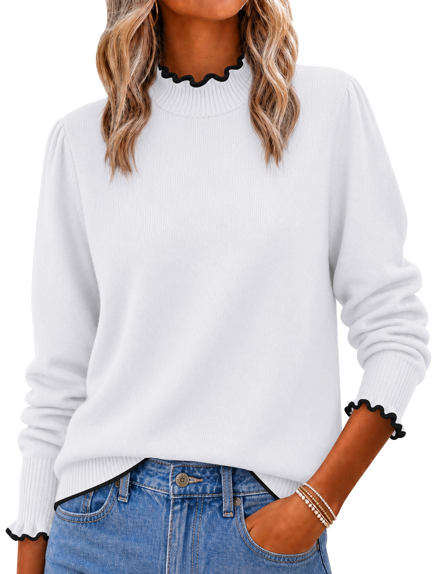 Rapbin Fall Sweaters for Women Ruffle Mock Neck Puff Sleeve Pullover Tops