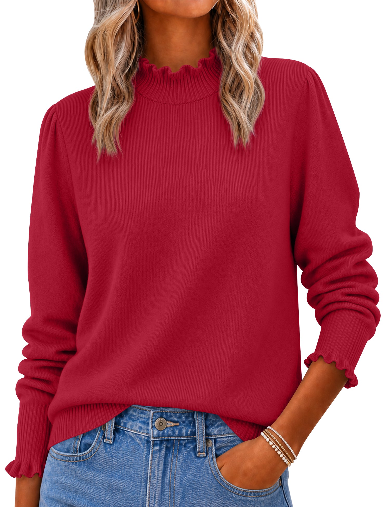 Rapbin Fall Sweaters for Women Ruffle Mock Neck Puff Sleeve Pullover Tops