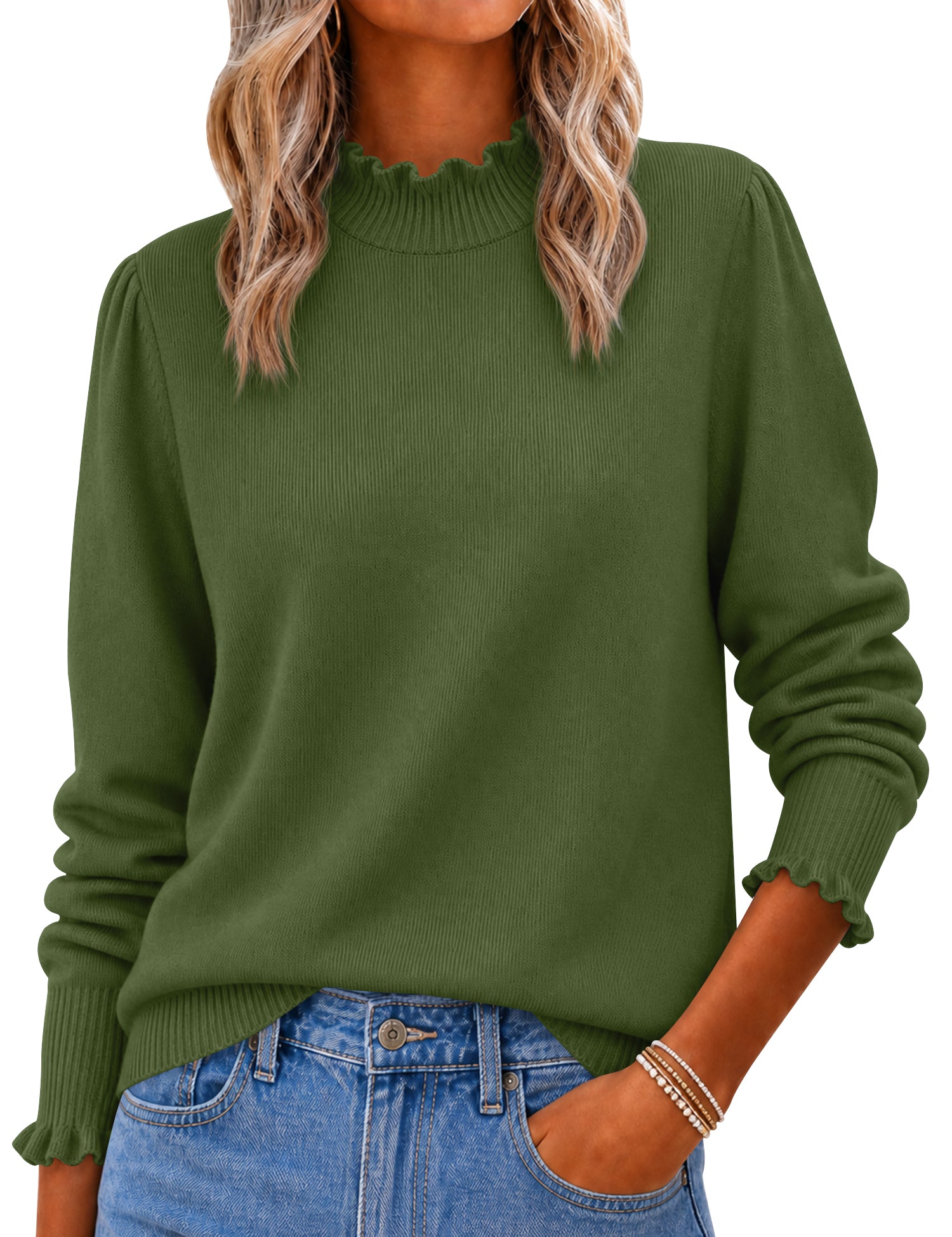 Rapbin Fall Sweaters for Women Ruffle Mock Neck Puff Sleeve Pullover Tops