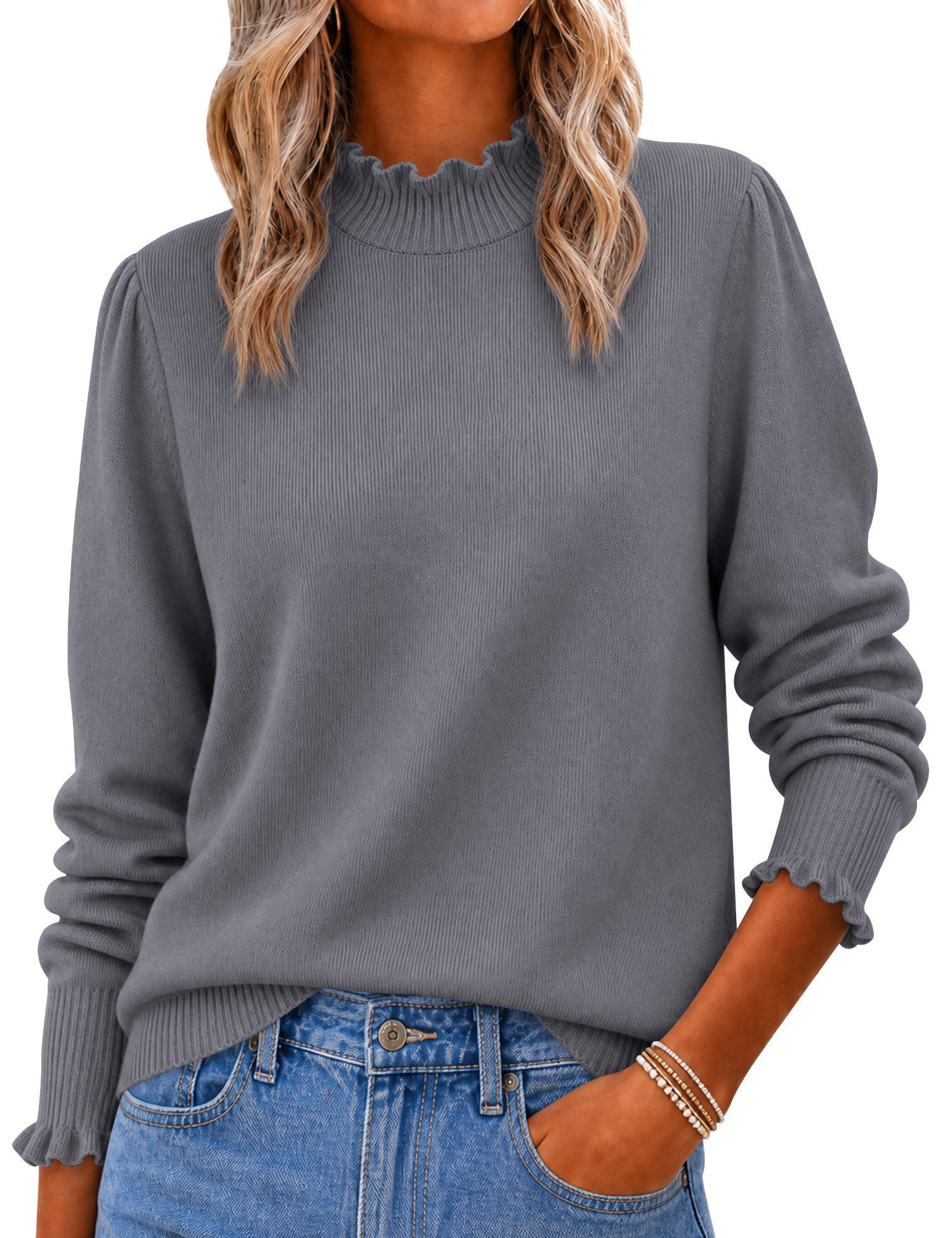 Rapbin Fall Sweaters for Women Ruffle Mock Neck Puff Sleeve Pullover Tops