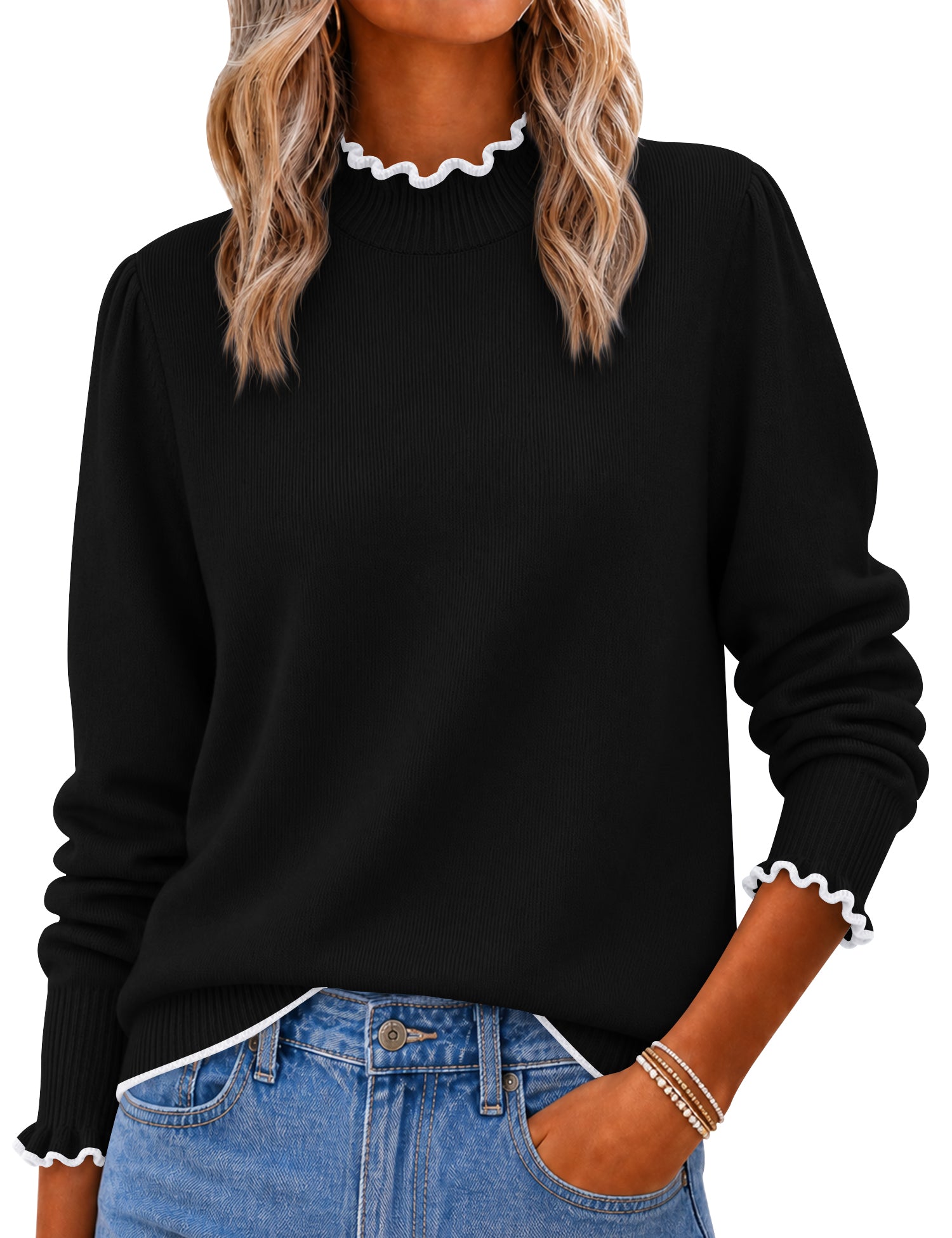 Rapbin Fall Sweaters for Women Ruffle Mock Neck Puff Sleeve Pullover Tops