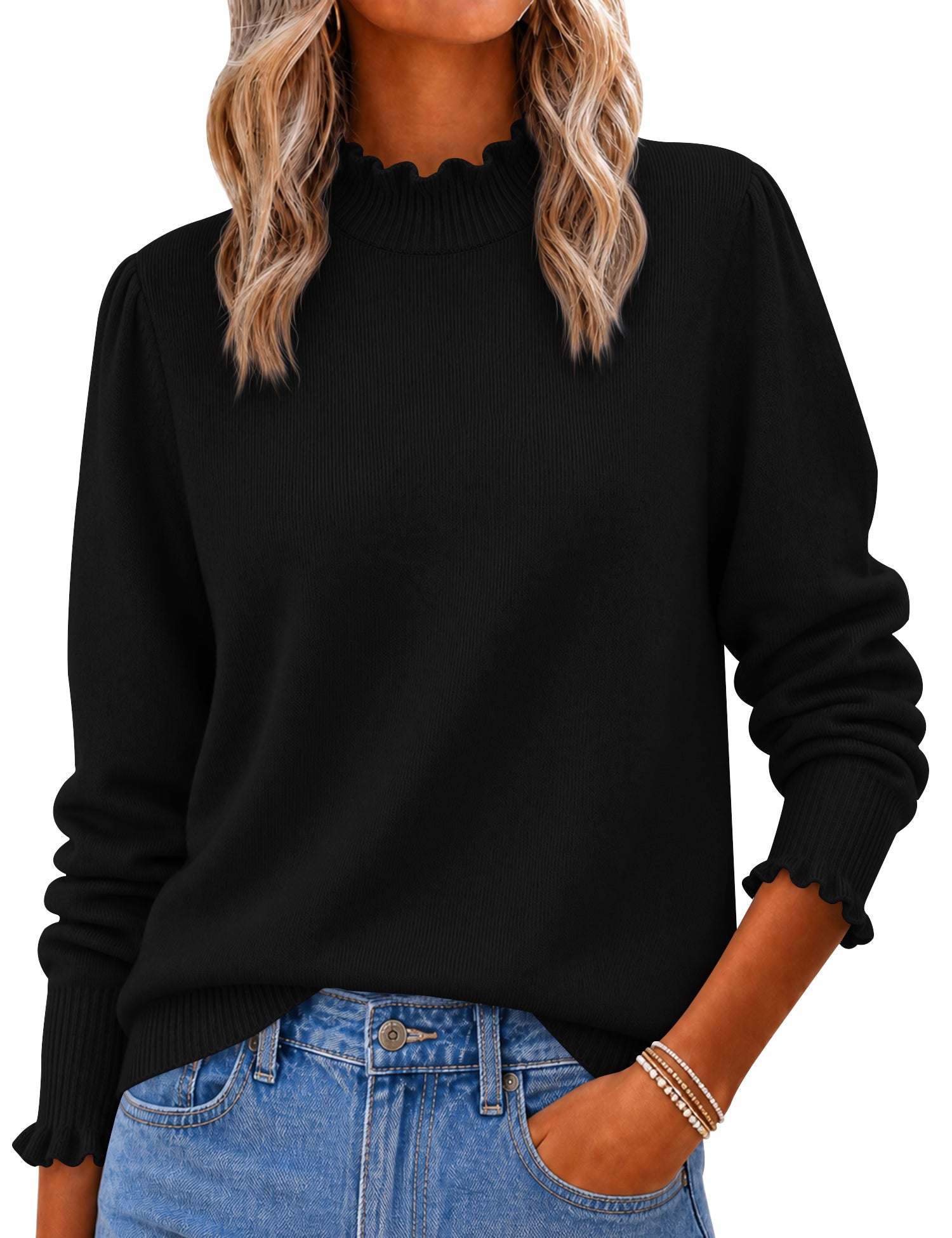 Rapbin Fall Sweaters for Women Ruffle Mock Neck Puff Sleeve Pullover Tops