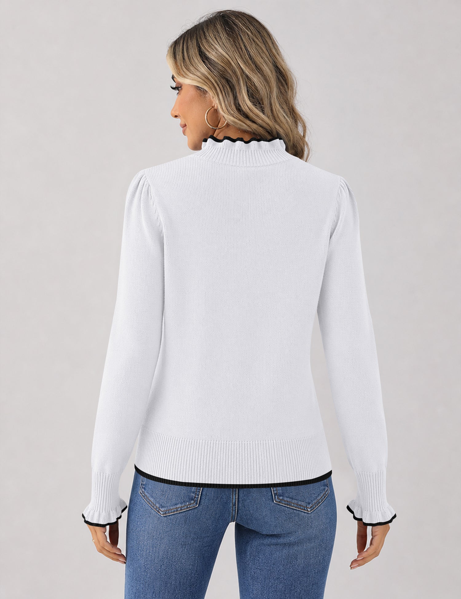 Rapbin Fall Sweaters for Women Ruffle Mock Neck Puff Sleeve Pullover Tops