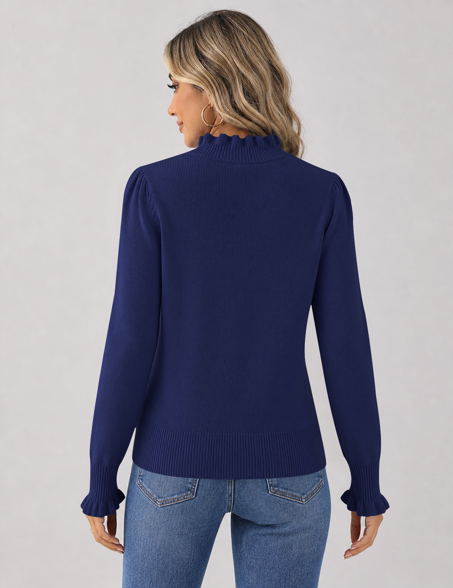Rapbin Fall Sweaters for Women Ruffle Mock Neck Puff Sleeve Pullover Tops
