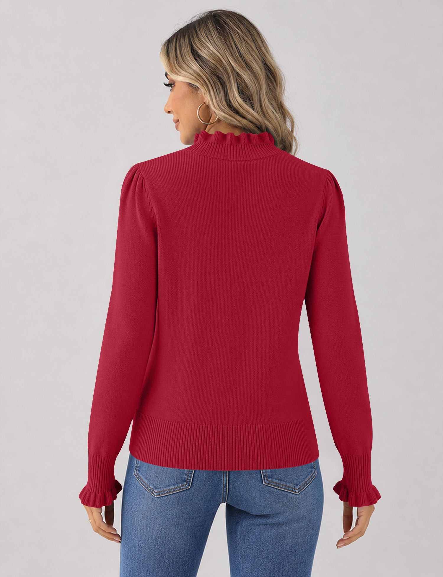 Rapbin Fall Sweaters for Women Ruffle Mock Neck Puff Sleeve Pullover Tops