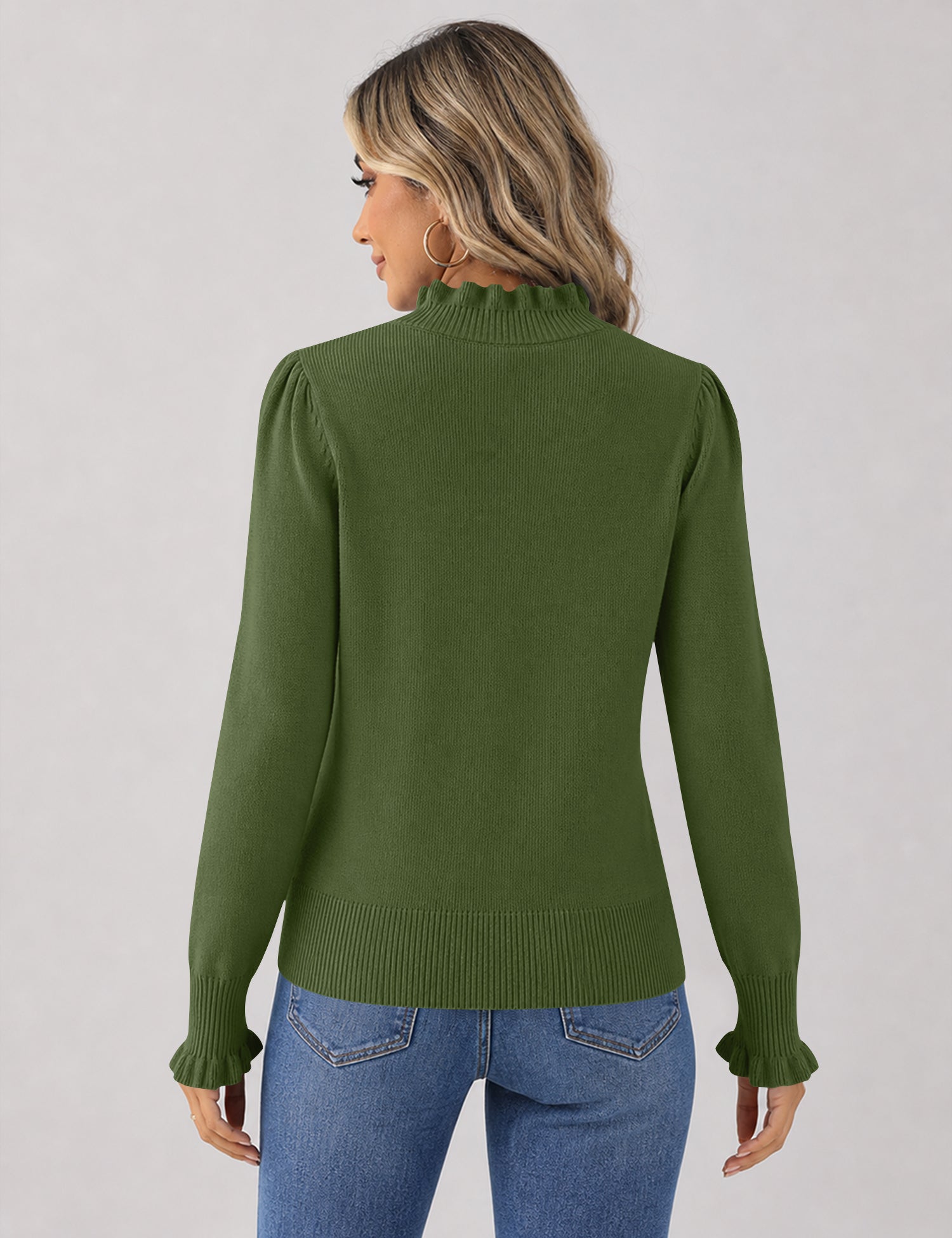 Rapbin Fall Sweaters for Women Ruffle Mock Neck Puff Sleeve Pullover Tops