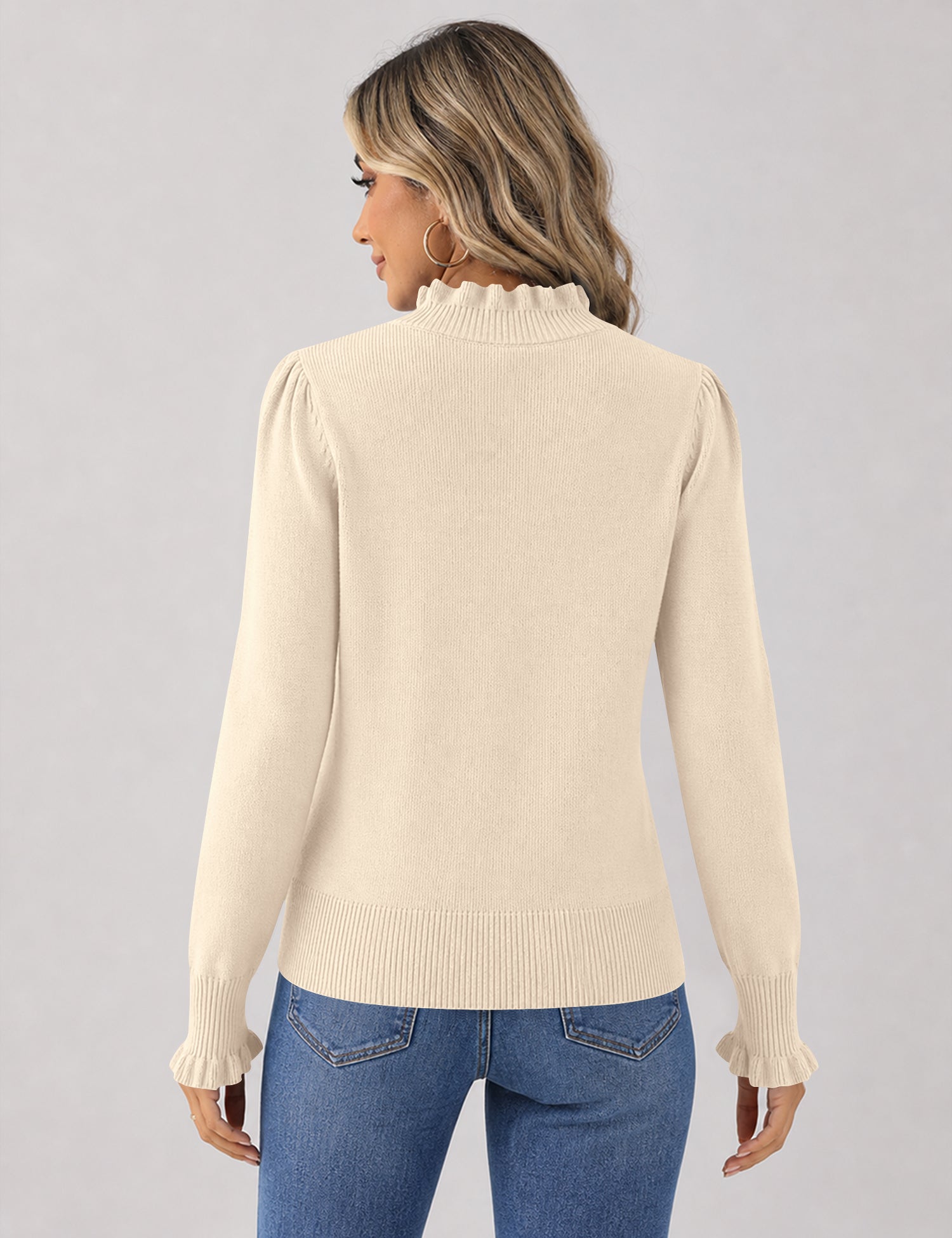 Rapbin Fall Sweaters for Women Ruffle Mock Neck Puff Sleeve Pullover Tops