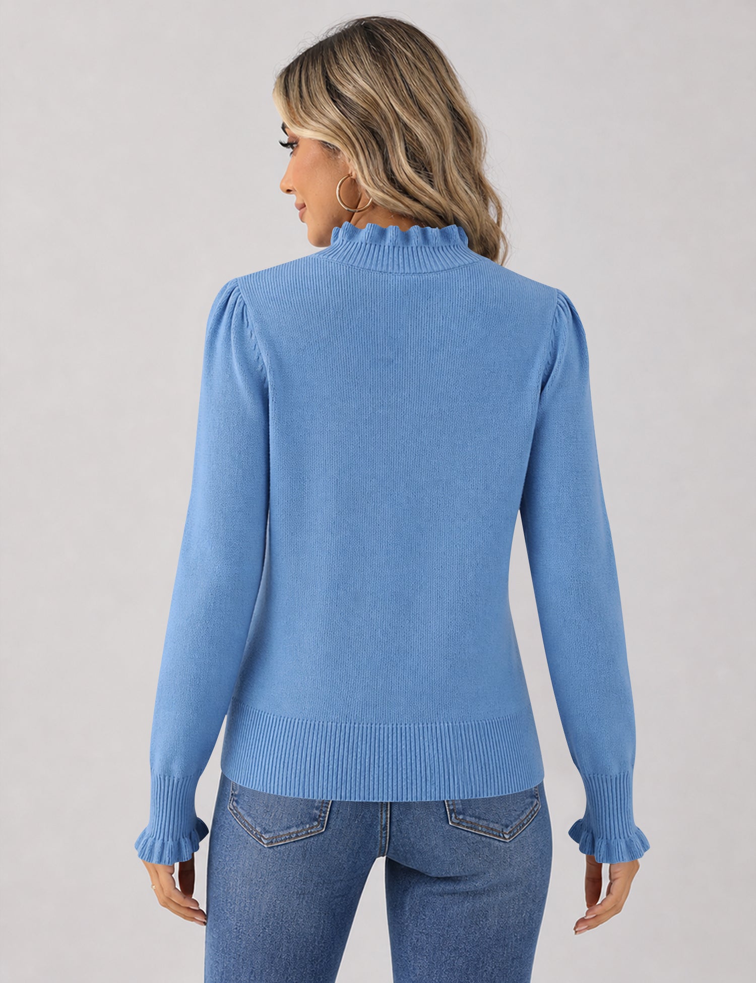 Rapbin Fall Sweaters for Women Ruffle Mock Neck Puff Sleeve Pullover Tops