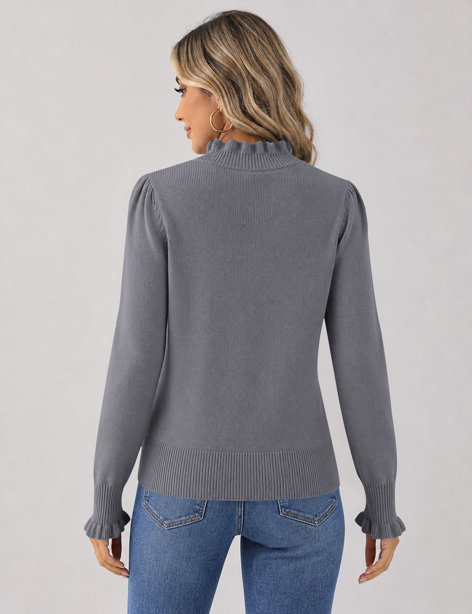 Rapbin Fall Sweaters for Women Ruffle Mock Neck Puff Sleeve Pullover Tops
