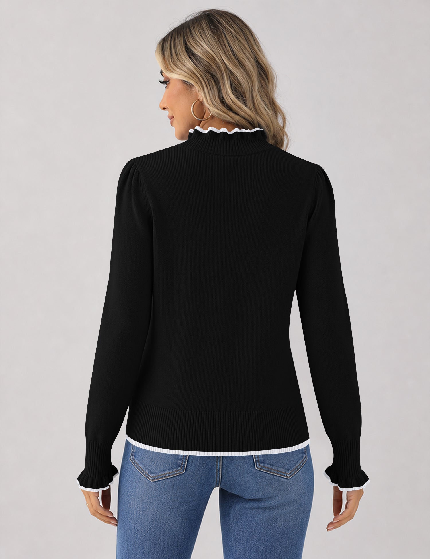 Rapbin Fall Sweaters for Women Ruffle Mock Neck Puff Sleeve Pullover Tops