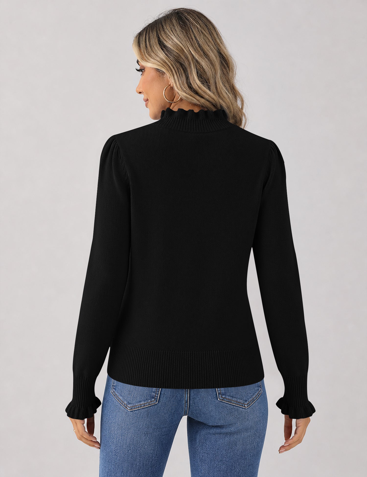 Rapbin Fall Sweaters for Women Ruffle Mock Neck Puff Sleeve Pullover Tops