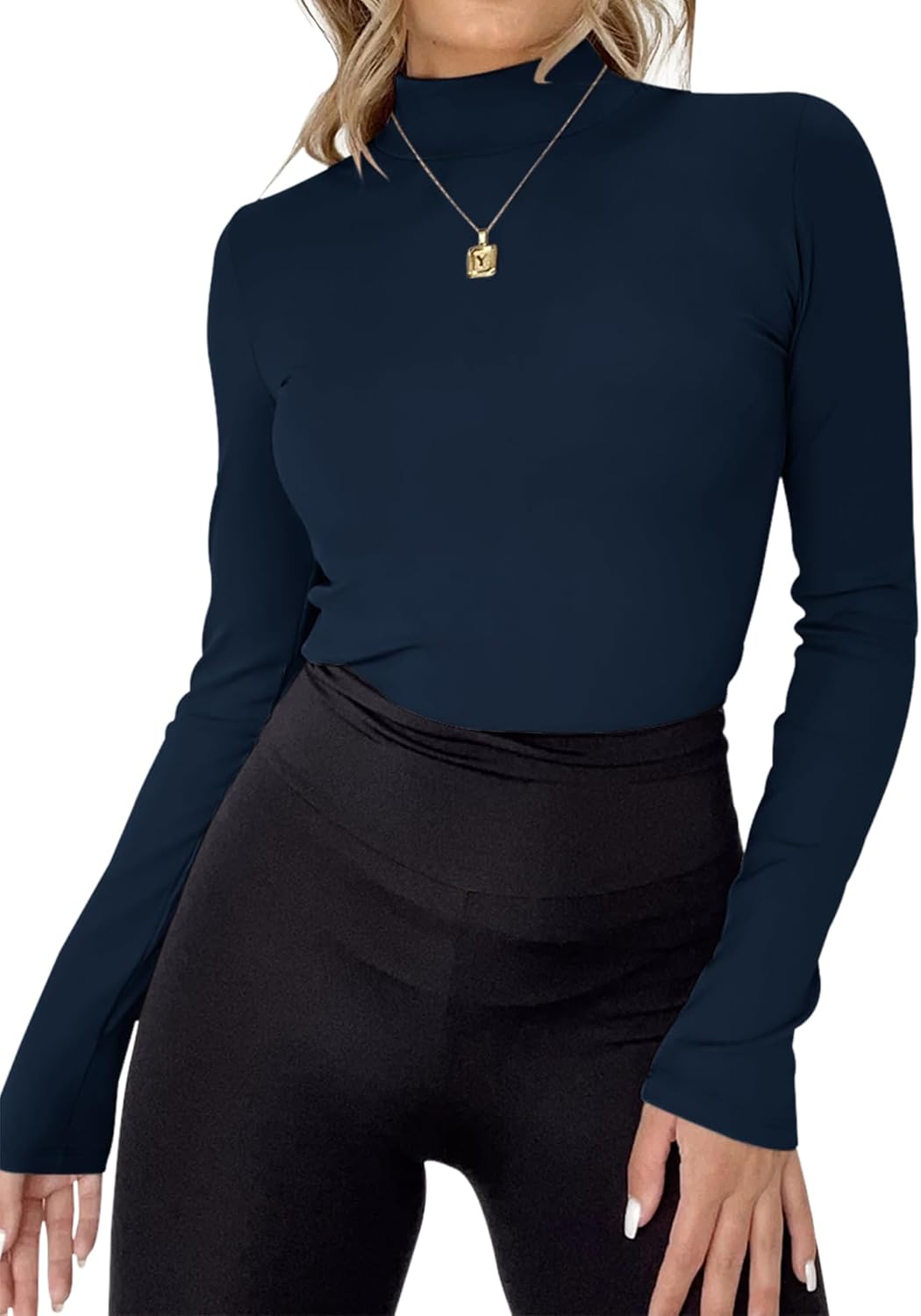 Rapbin Womens Long Sleeve Mock Turtleneck Tops Knit Basic Stretch Fitted Pullover Lightweight Thermal Shirts