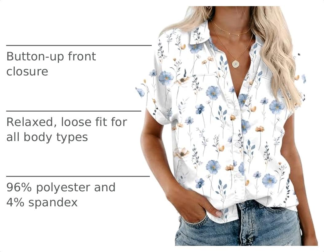 Rapbin Women's Button Down Shirt Short Sleeve Casual Blouse Shirts V Neck Collared Tops