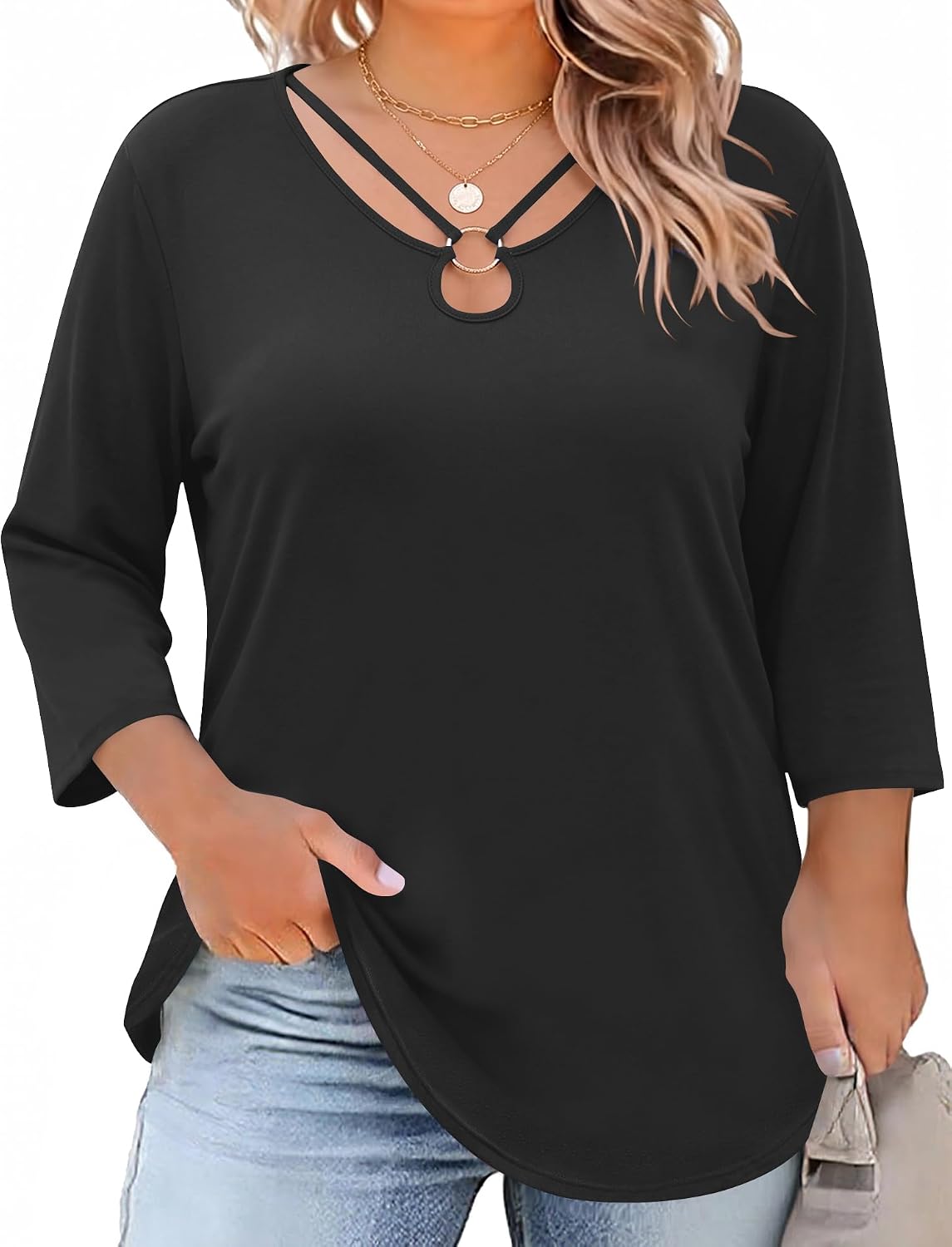 Rapbin Womens Plus Size Tops 3/4 Sleeve Shirts Summer Cut Out Ring Keyhole Neck Dressy Casual Loose Tunic Tops 1X-5X