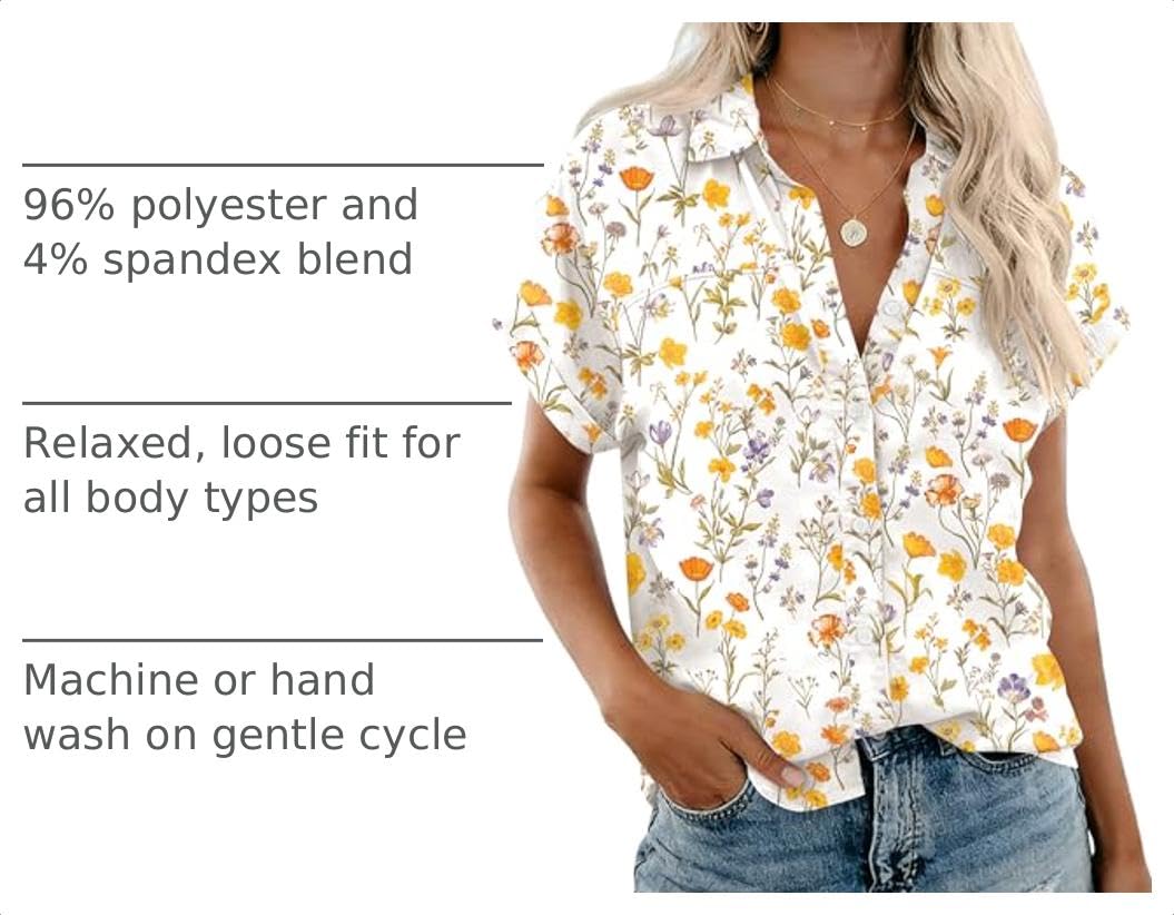Rapbin Women's Button Down Shirt Short Sleeve Casual Blouse Shirts V Neck Collared Tops