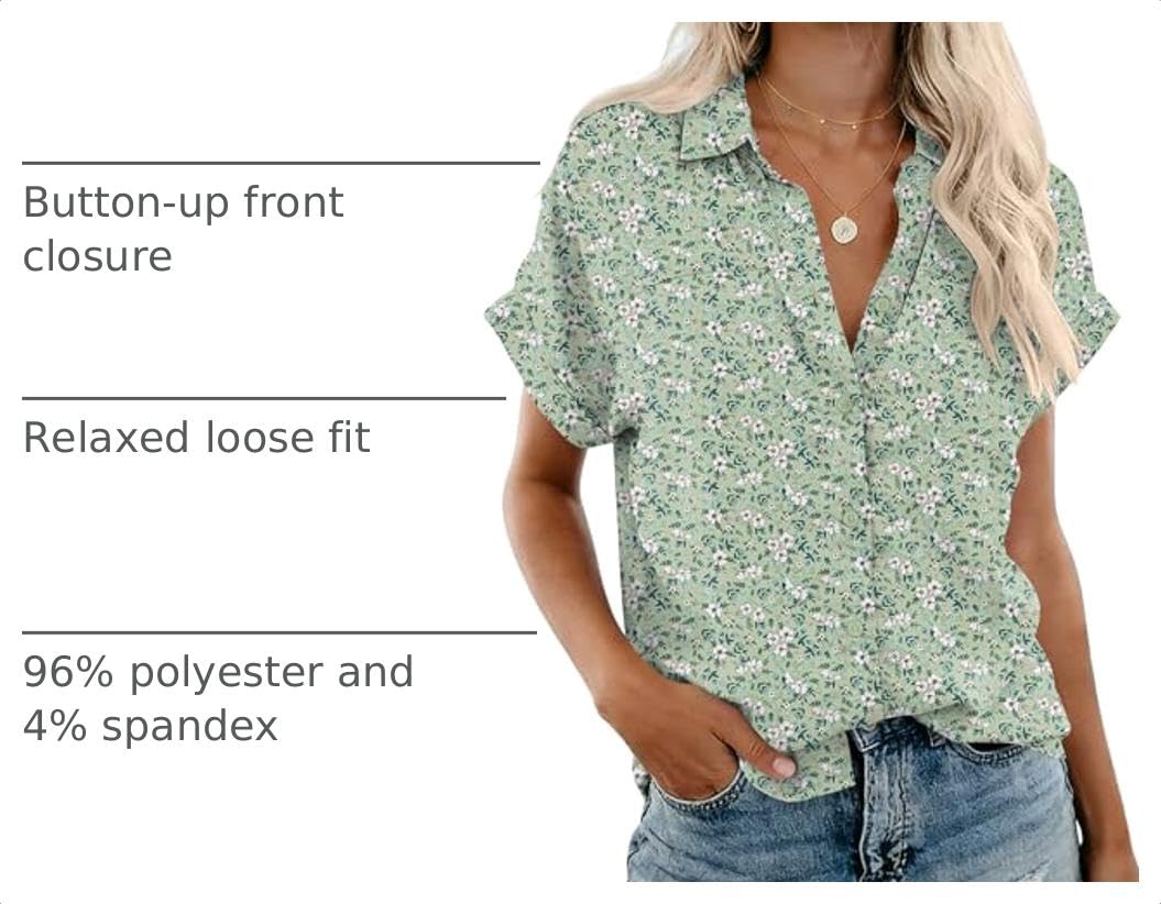 Rapbin Women's Button Down Shirt Short Sleeve Casual Blouse Shirts V Neck Collared Tops