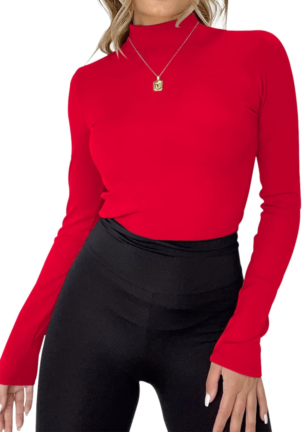 Rapbin Womens Long Sleeve Mock Turtleneck Tops Knit Basic Stretch Fitted Pullover Lightweight Thermal Shirts
