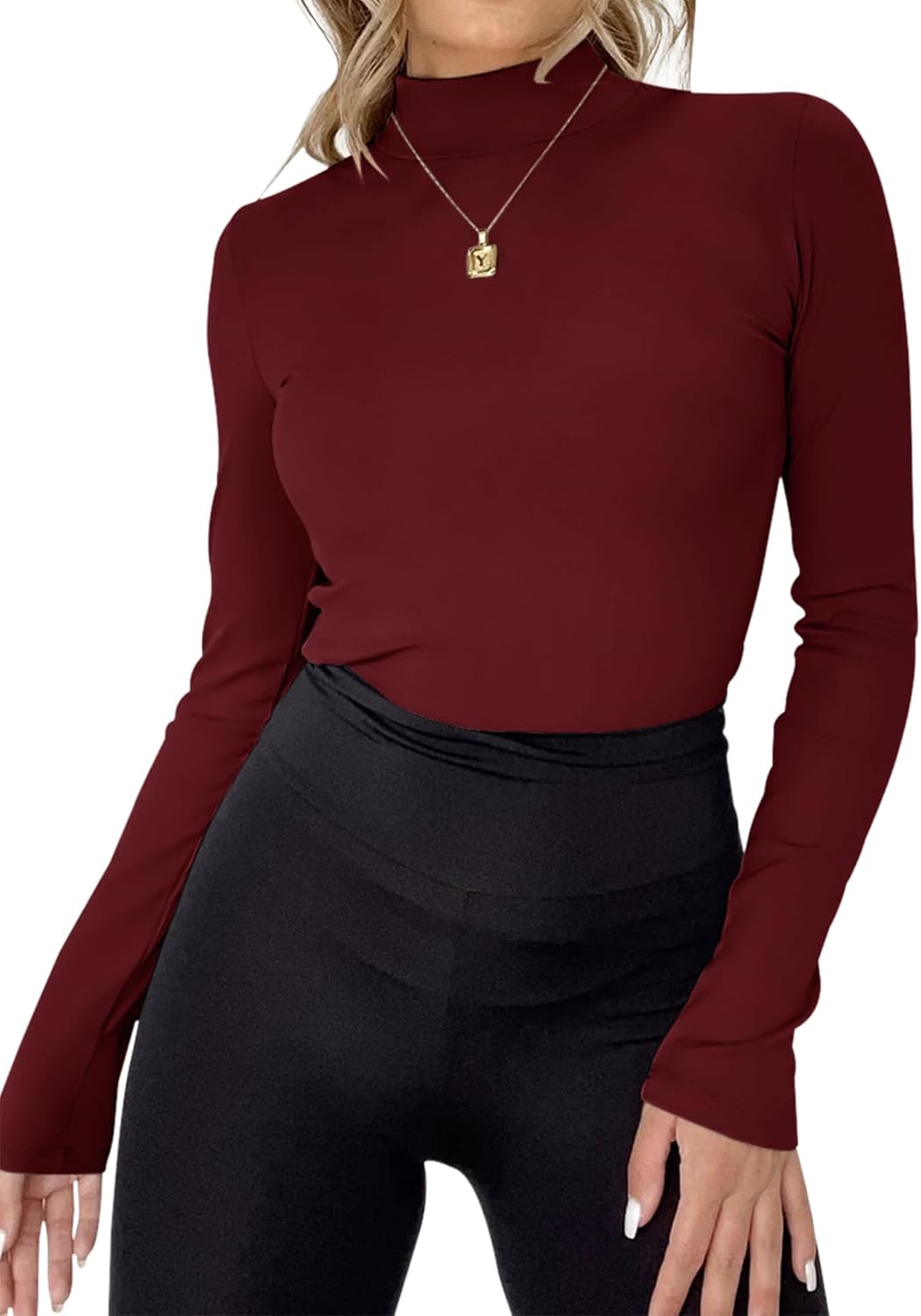 Rapbin Womens Long Sleeve Mock Turtleneck Tops Knit Basic Stretch Fitted Pullover Lightweight Thermal Shirts