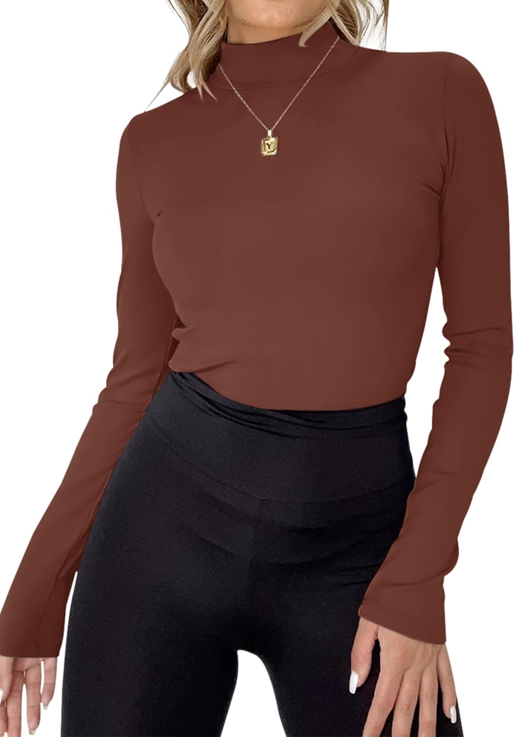 Rapbin Womens Long Sleeve Mock Turtleneck Tops Knit Basic Stretch Fitted Pullover Lightweight Thermal Shirts