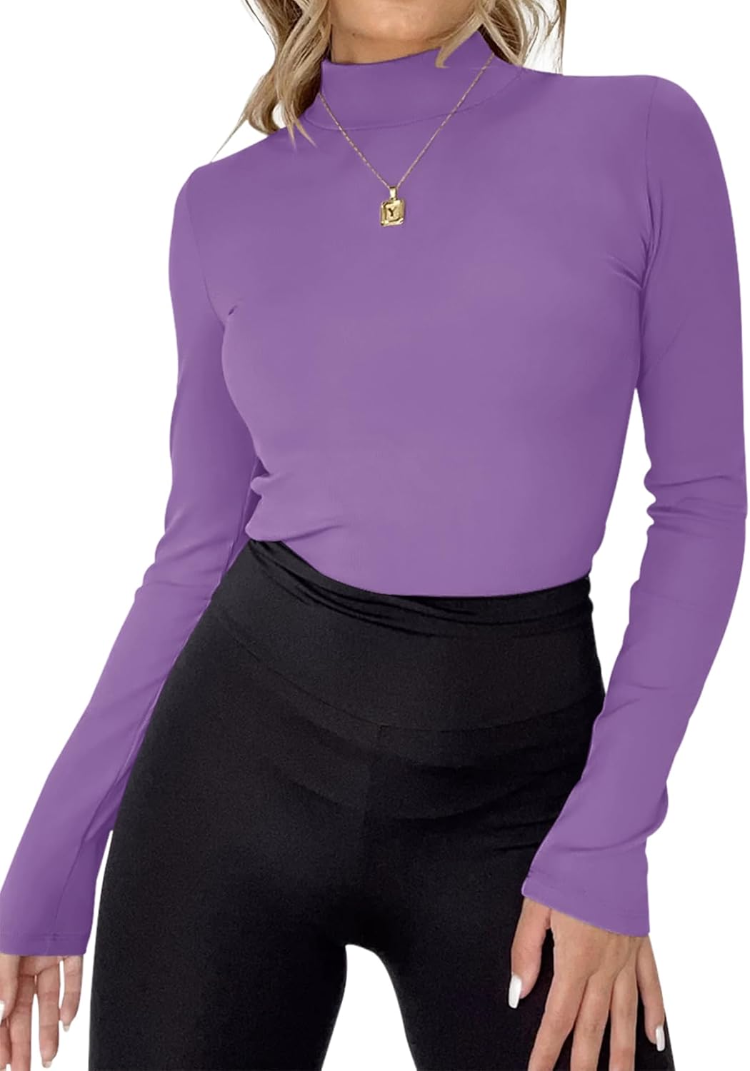 Rapbin Womens Long Sleeve Mock Turtleneck Tops Knit Basic Stretch Fitted Pullover Lightweight Thermal Shirts