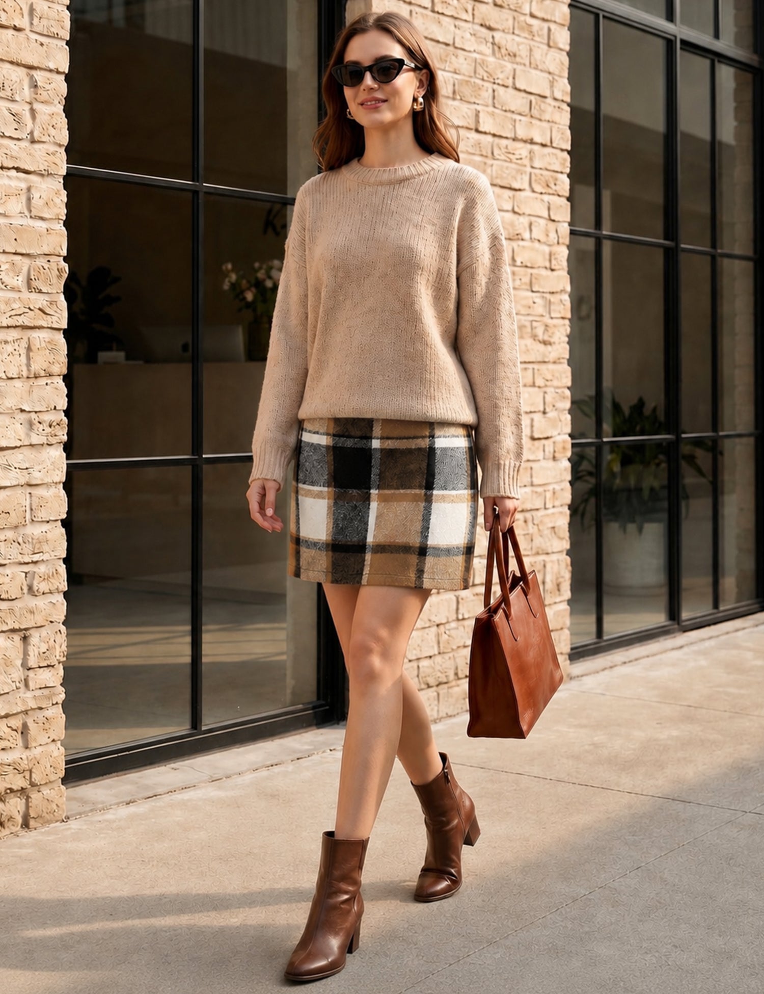 Rapbin Women's Mini Skirt Plaid Skorts High Waist Bodycon Pencil Wool Skirt