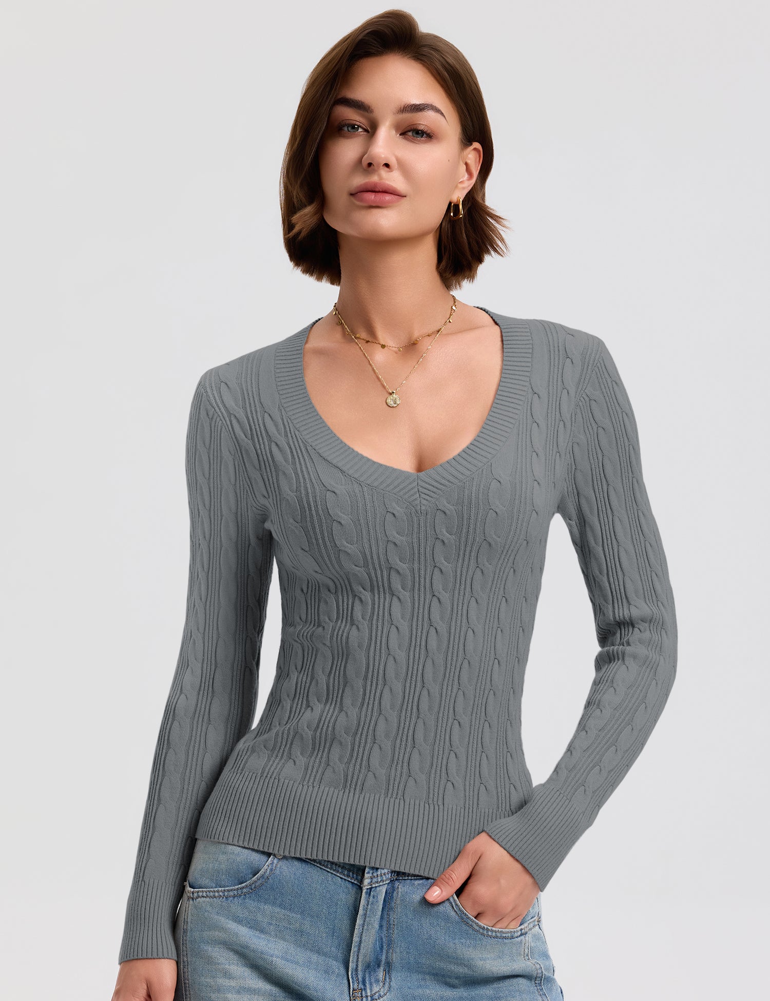 Rapbin Sweaters for Women Cable Knit Long Sleeve V Neck Slim Fit Pullover