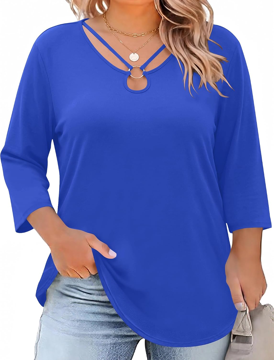 Rapbin Womens Plus Size Tops 3/4 Sleeve Shirts Summer Cut Out Ring Keyhole Neck Dressy Casual Loose Tunic Tops 1X-5X
