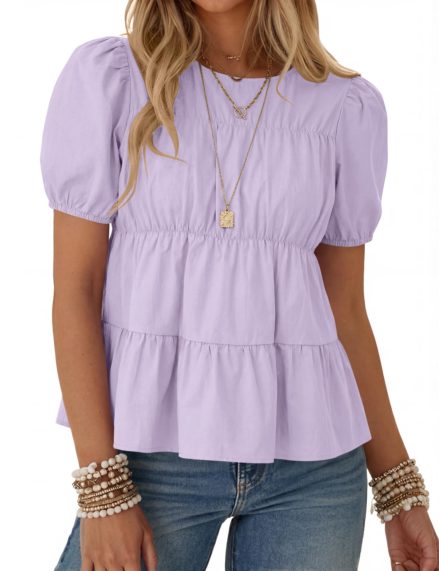 Rapbin Womens Puff Short Sleeve Babydoll Tops Summer Peplum Pleated Cotton T Shirts Casual Loose Fit Flowy Blouses