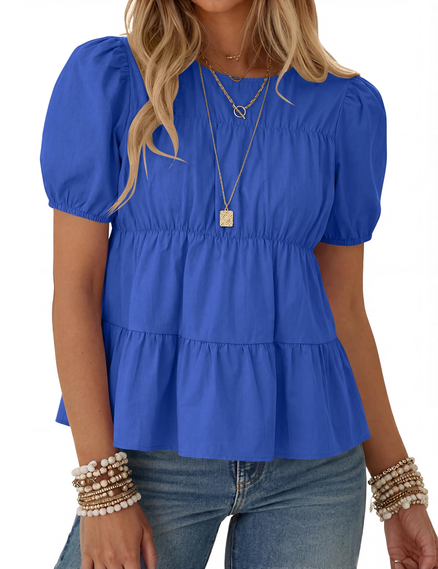 Rapbin Womens Puff Short Sleeve Babydoll Tops Summer Peplum Pleated Cotton T Shirts Casual Loose Fit Flowy Blouses