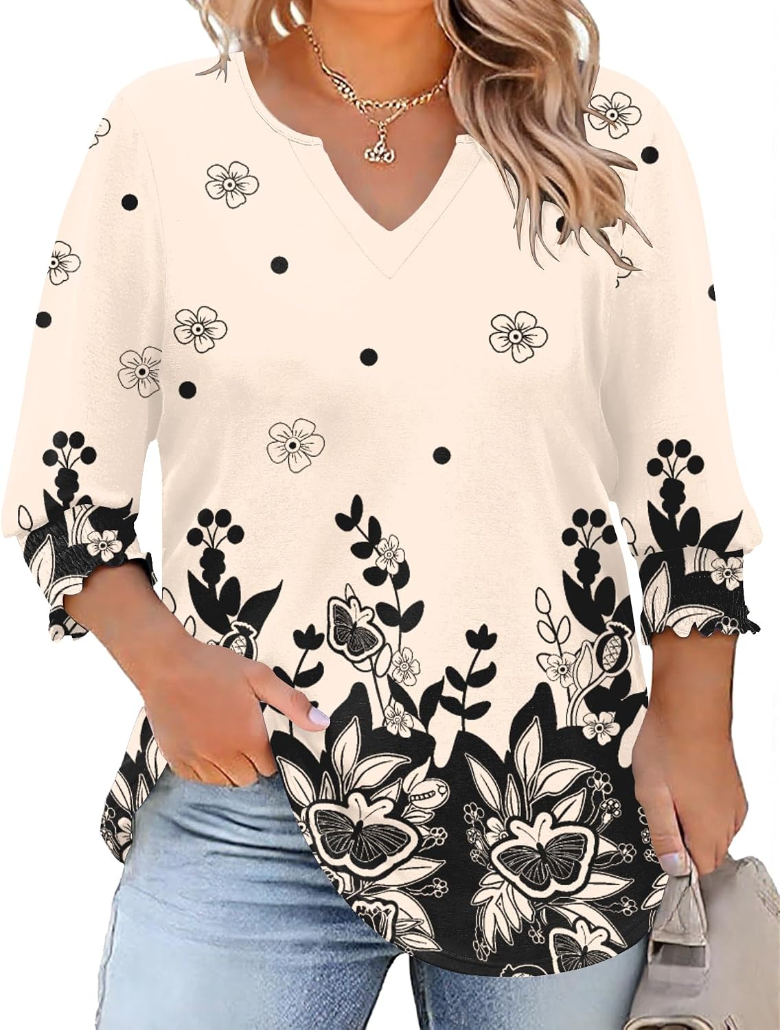 Rapbin Womens Plus Size Tops 3/4 Sleeve Blouses Shirts Casual V Neck Loose Tunic Tops 1X-5X