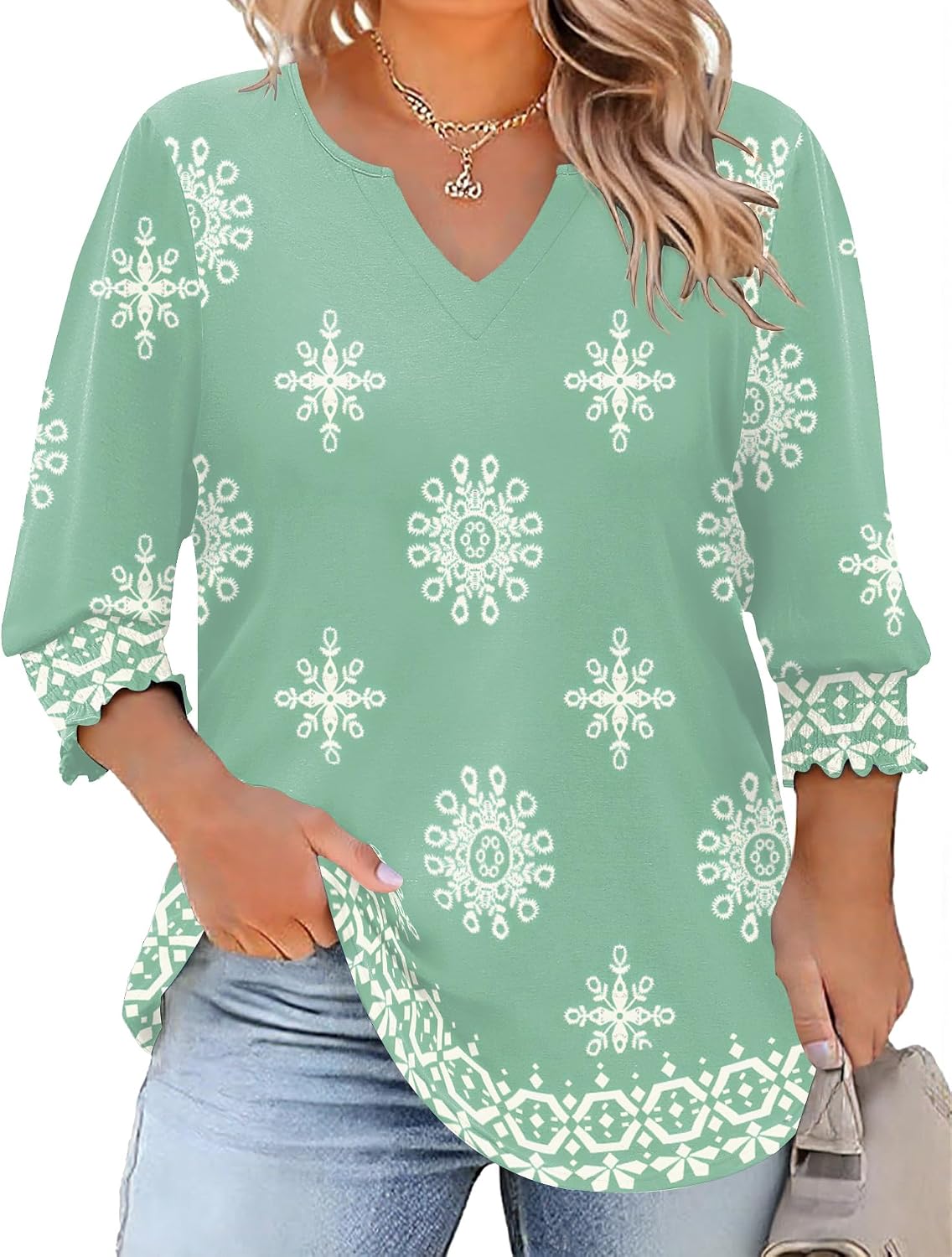 Rapbin Womens Plus Size Tops 3/4 Sleeve Blouses Shirts Casual V Neck Loose Tunic Tops 1X-5X