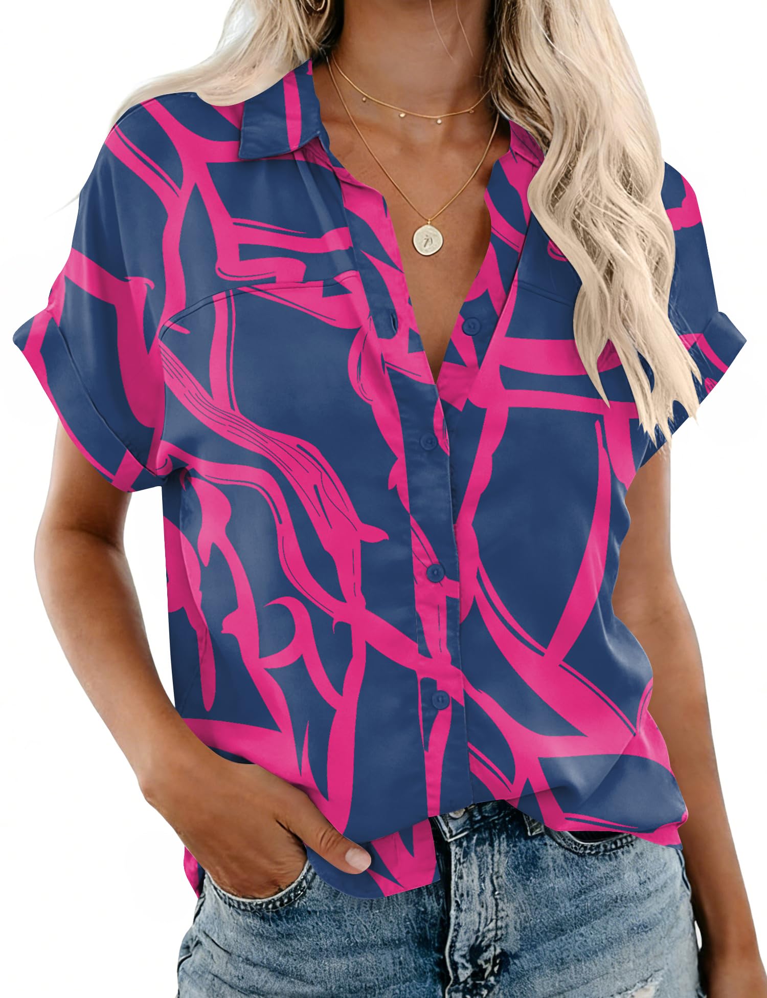 Rapbin Women's Button Down Shirt Short Sleeve Casual Blouse Shirts V Neck Collared Tops