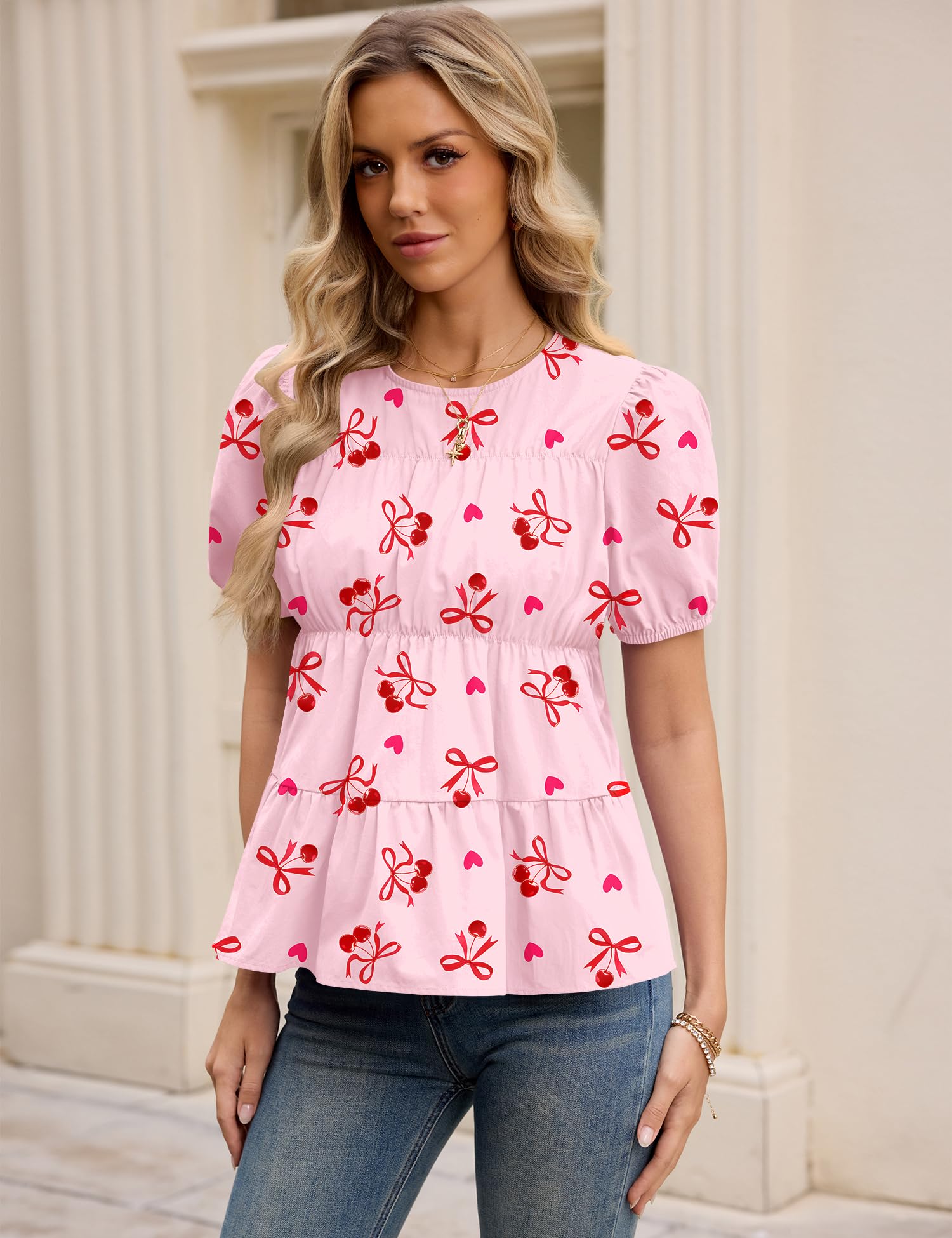 Rapbin Womens Puff Short Sleeve Babydoll Tops Summer Peplum Pleated Cotton T Shirts Casual Loose Fit Flowy Blouses