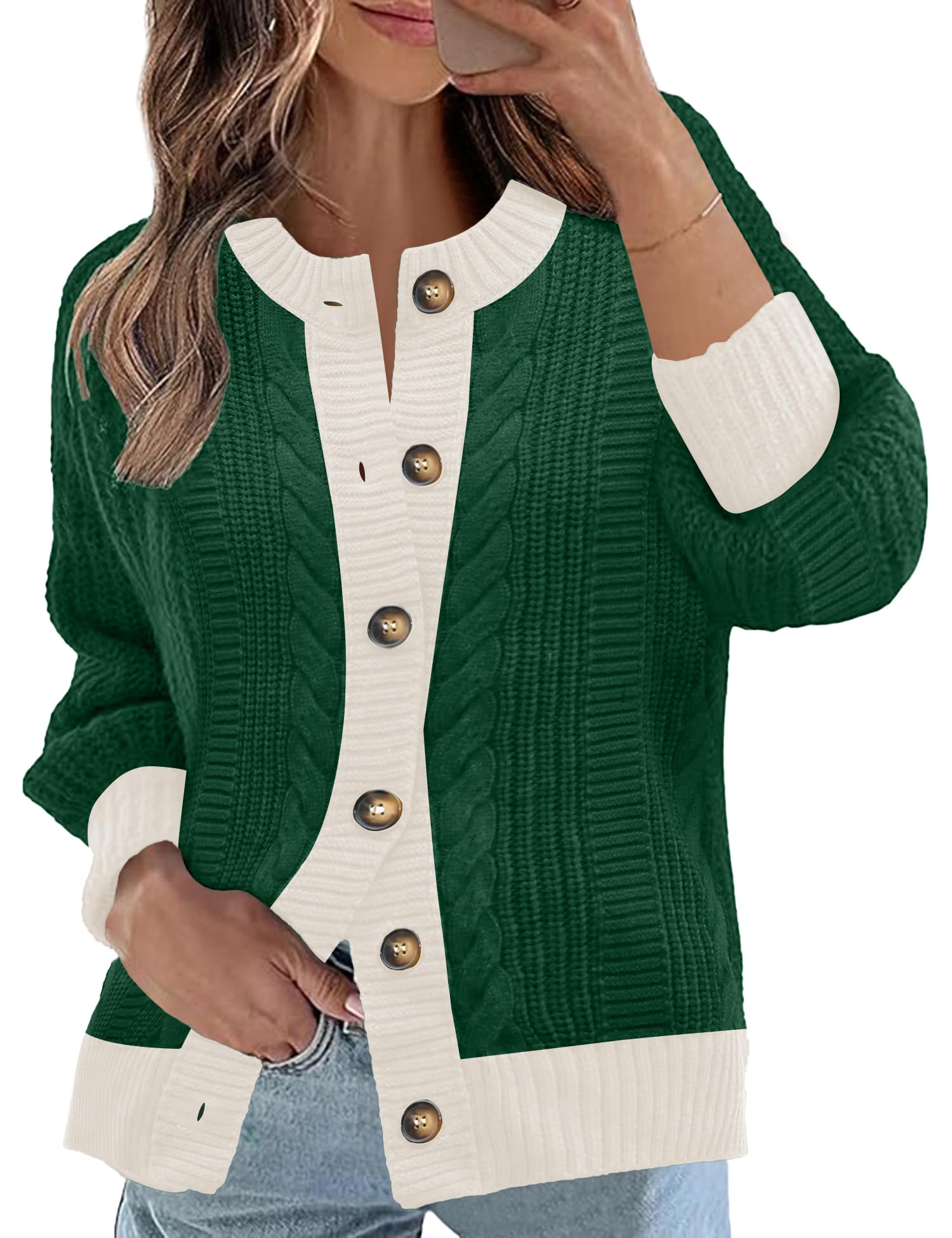 Rapbin Women's Cable Knit Cardigan Open Front Sweater Casual Long Sleeve Button Coats Outerwear