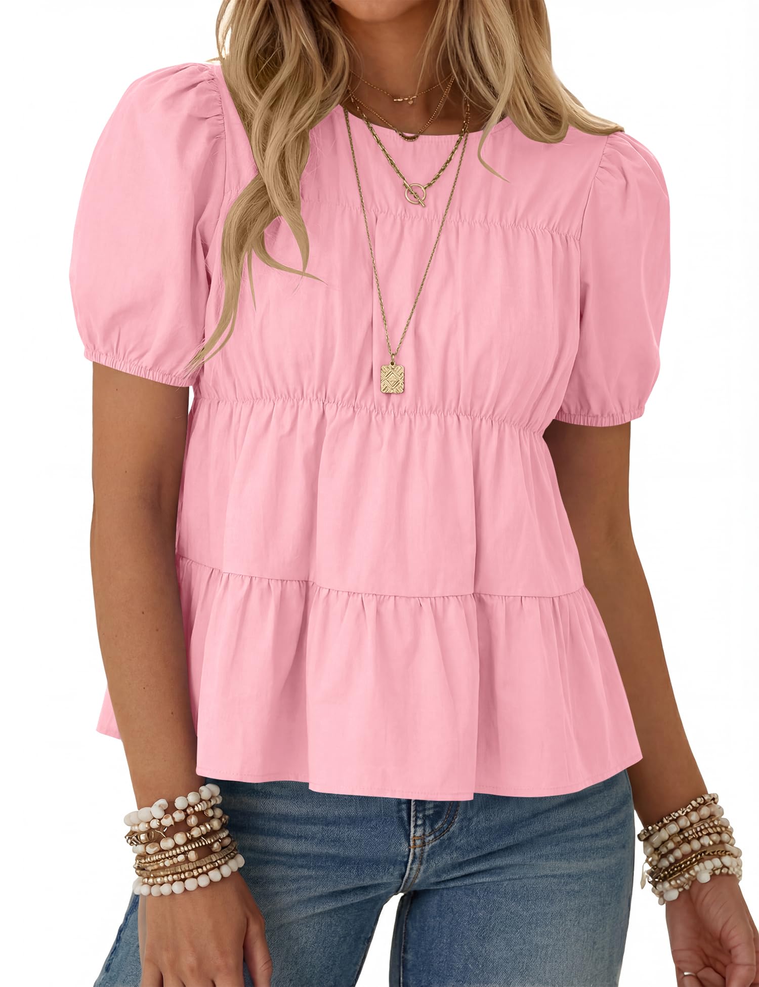 Rapbin Womens Puff Short Sleeve Babydoll Tops Summer Peplum Pleated Cotton T Shirts Casual Loose Fit Flowy Blouses