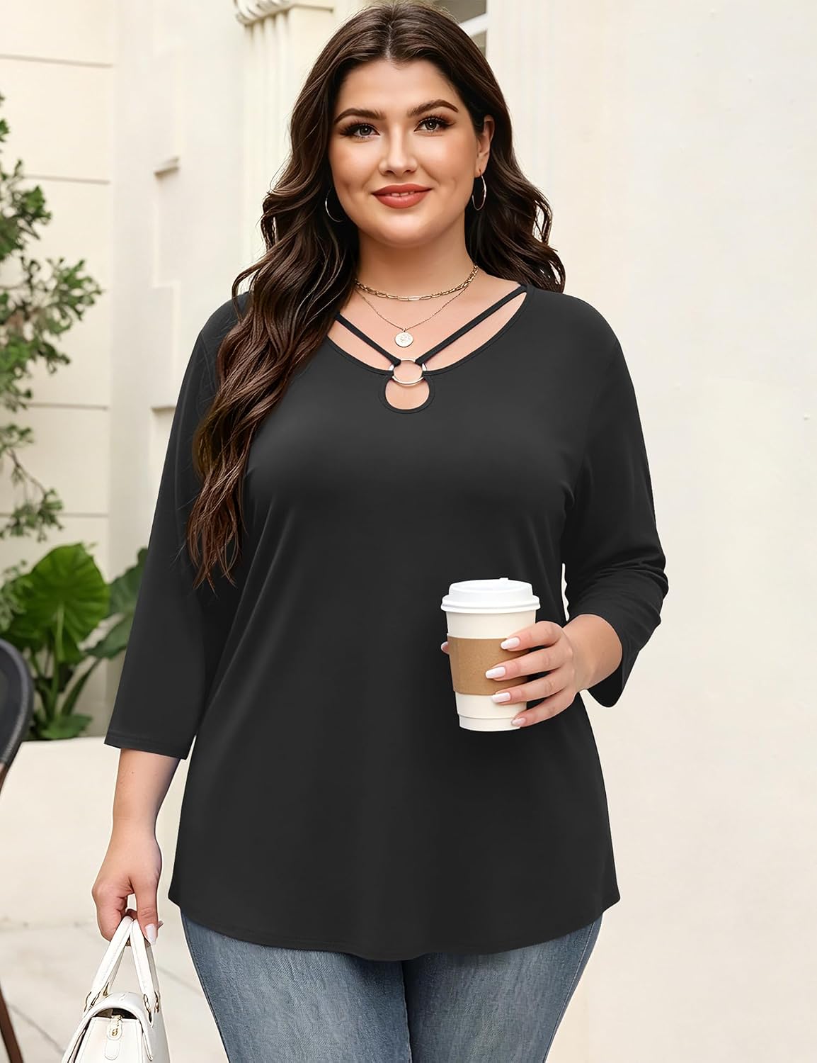 Rapbin Womens Plus Size Tops 3/4 Sleeve Shirts Summer Cut Out Ring Keyhole Neck Dressy Casual Loose Tunic Tops 1X-5X