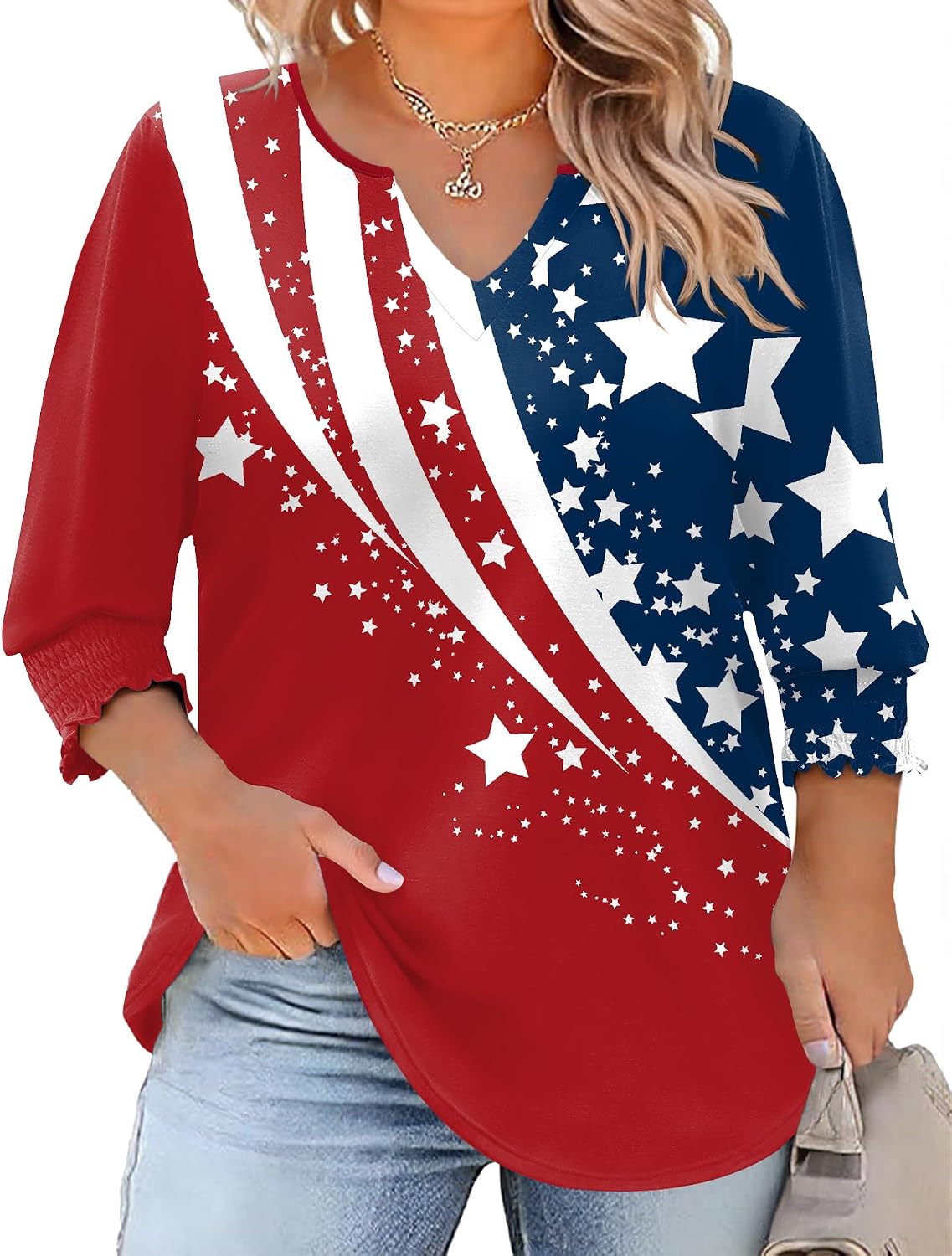 Rapbin Womens Plus Size Tops 3/4 Sleeve Blouses Shirts Casual V Neck Loose Tunic Tops 1X-5X
