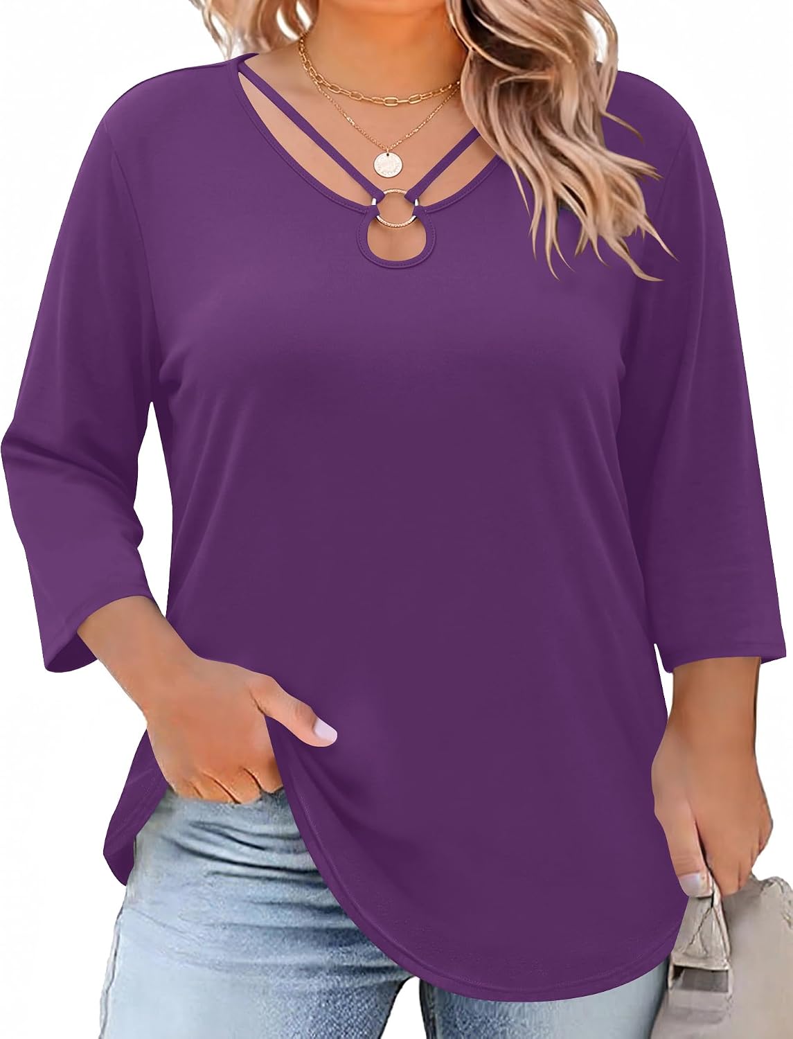 Rapbin Womens Plus Size Tops 3/4 Sleeve Shirts Summer Cut Out Ring Keyhole Neck Dressy Casual Loose Tunic Tops 1X-5X