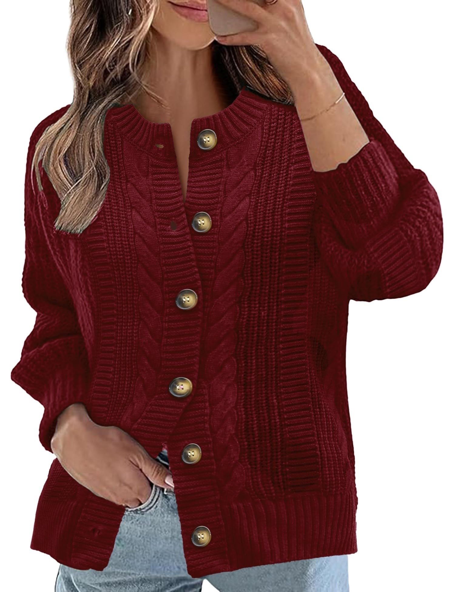 Rapbin Women's Cable Knit Cardigan Open Front Sweater Casual Long Sleeve Button Coats Outerwear
