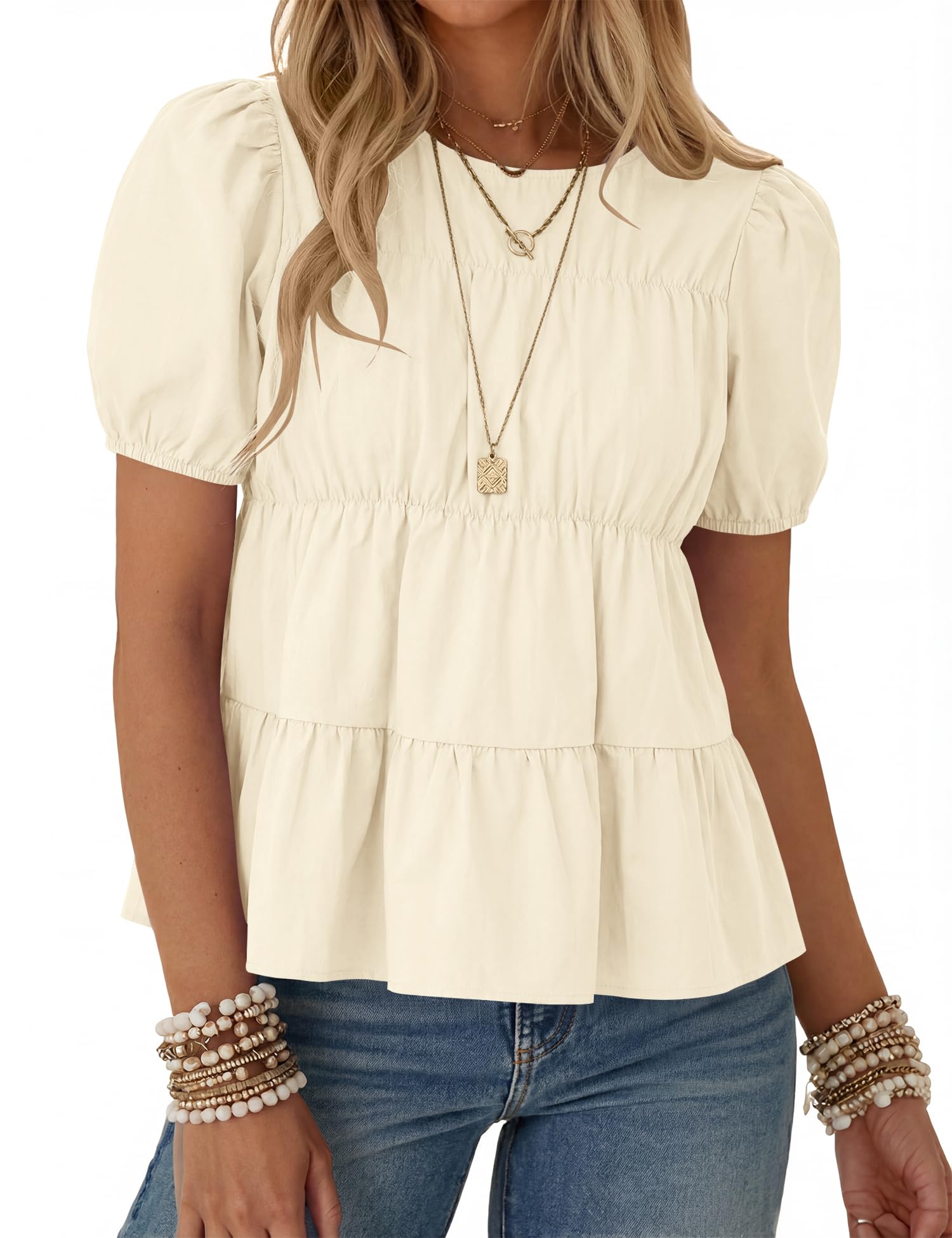 Rapbin Womens Puff Short Sleeve Babydoll Tops Summer Peplum Pleated Cotton T Shirts Casual Loose Fit Flowy Blouses