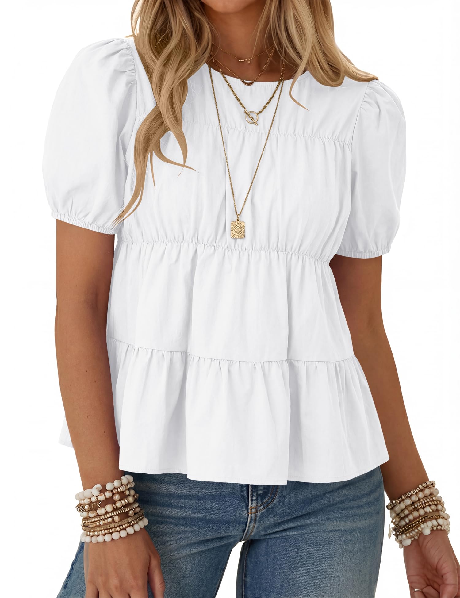 Rapbin Womens Puff Short Sleeve Babydoll Tops Summer Peplum Pleated Cotton T Shirts Casual Loose Fit Flowy Blouses