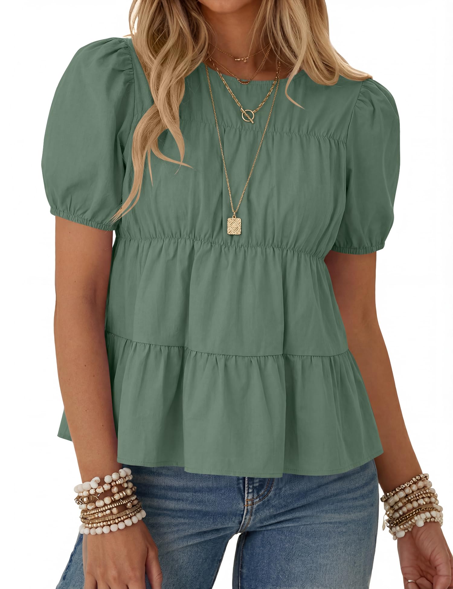 Rapbin Womens Puff Short Sleeve Babydoll Tops Summer Peplum Pleated Cotton T Shirts Casual Loose Fit Flowy Blouses