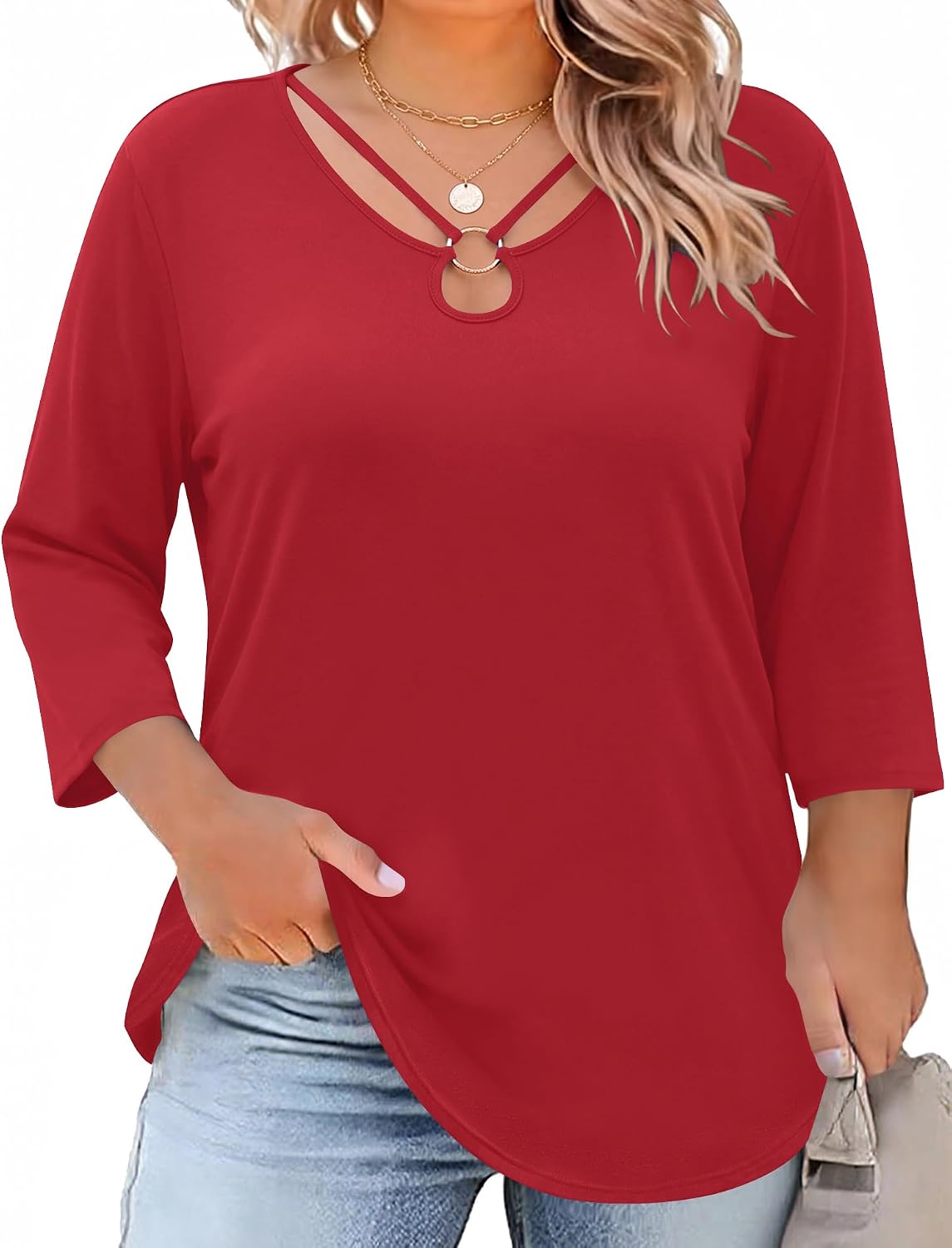 Rapbin Womens Plus Size Tops 3/4 Sleeve Shirts Summer Cut Out Ring Keyhole Neck Dressy Casual Loose Tunic Tops 1X-5X