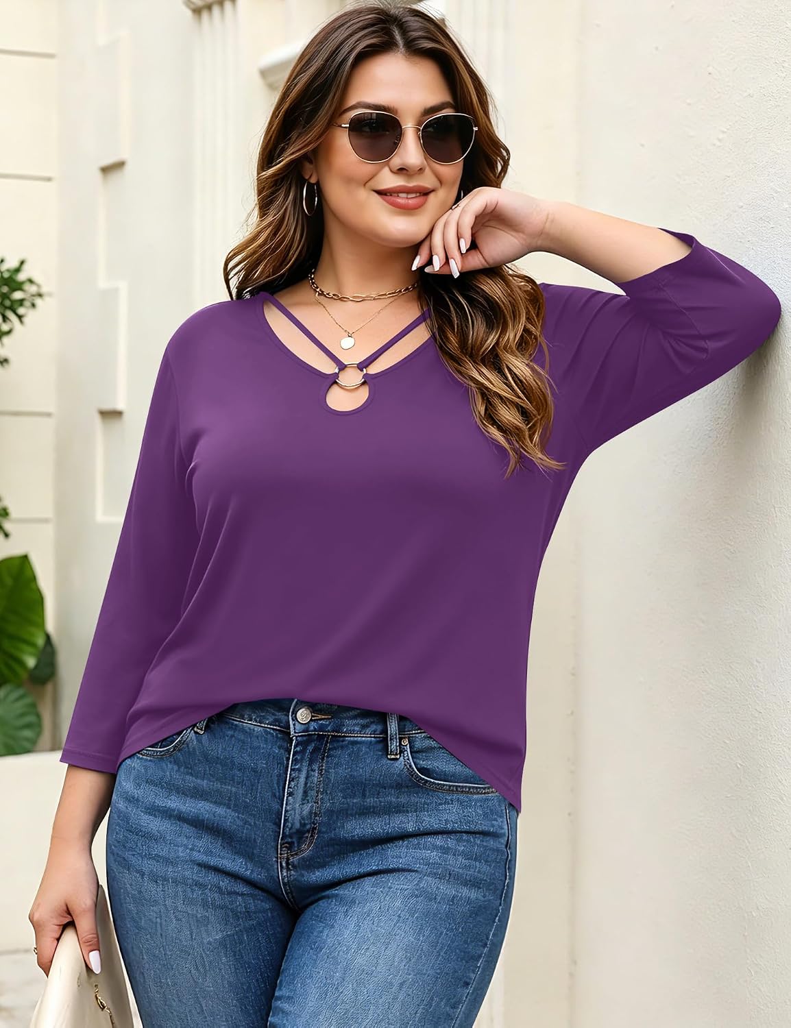 Rapbin Womens Plus Size Tops 3/4 Sleeve Shirts Summer Cut Out Ring Keyhole Neck Dressy Casual Loose Tunic Tops 1X-5X