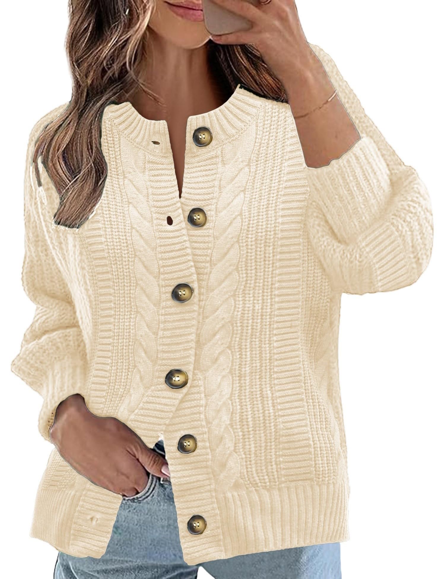 Rapbin Women's Cable Knit Cardigan Open Front Sweater Casual Long Sleeve Button Coats Outerwear