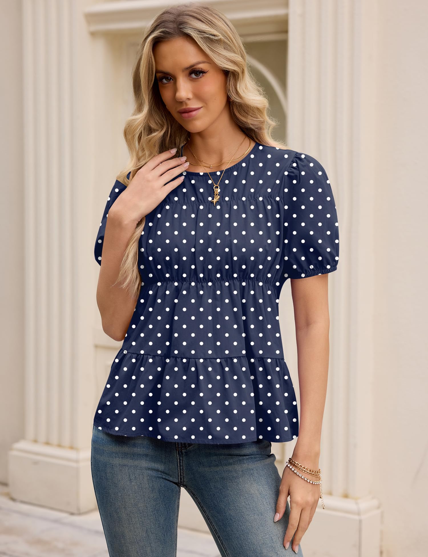 Rapbin Womens Puff Short Sleeve Babydoll Tops Summer Peplum Pleated Cotton T Shirts Casual Loose Fit Flowy Blouses