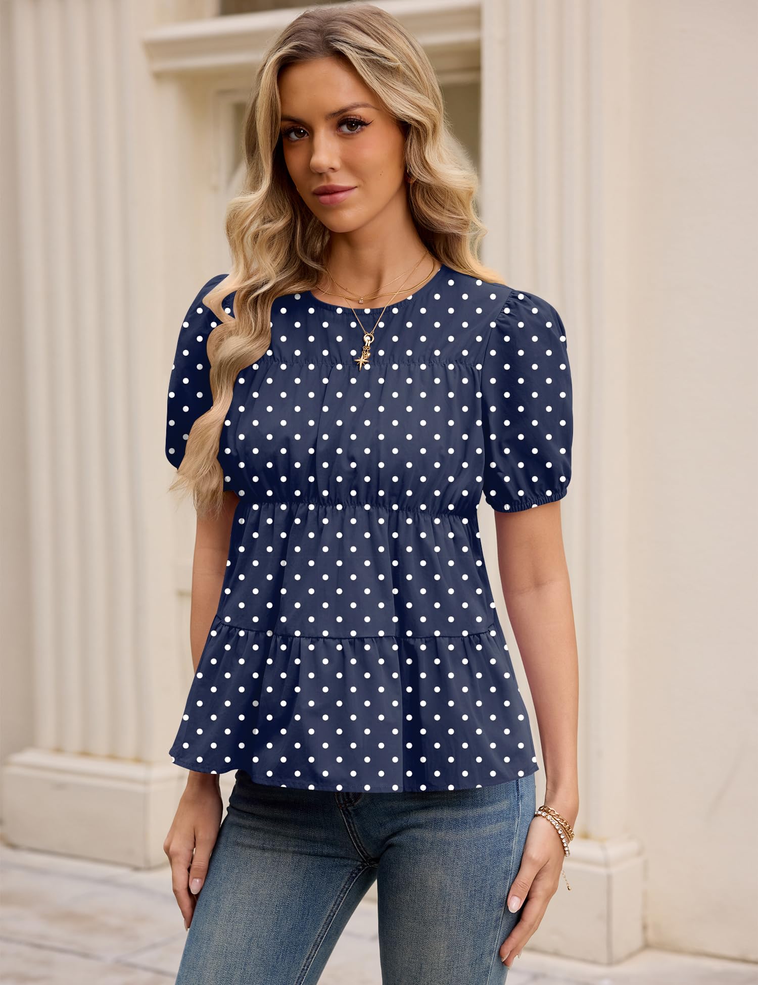 Rapbin Womens Puff Short Sleeve Babydoll Tops Summer Peplum Pleated Cotton T Shirts Casual Loose Fit Flowy Blouses